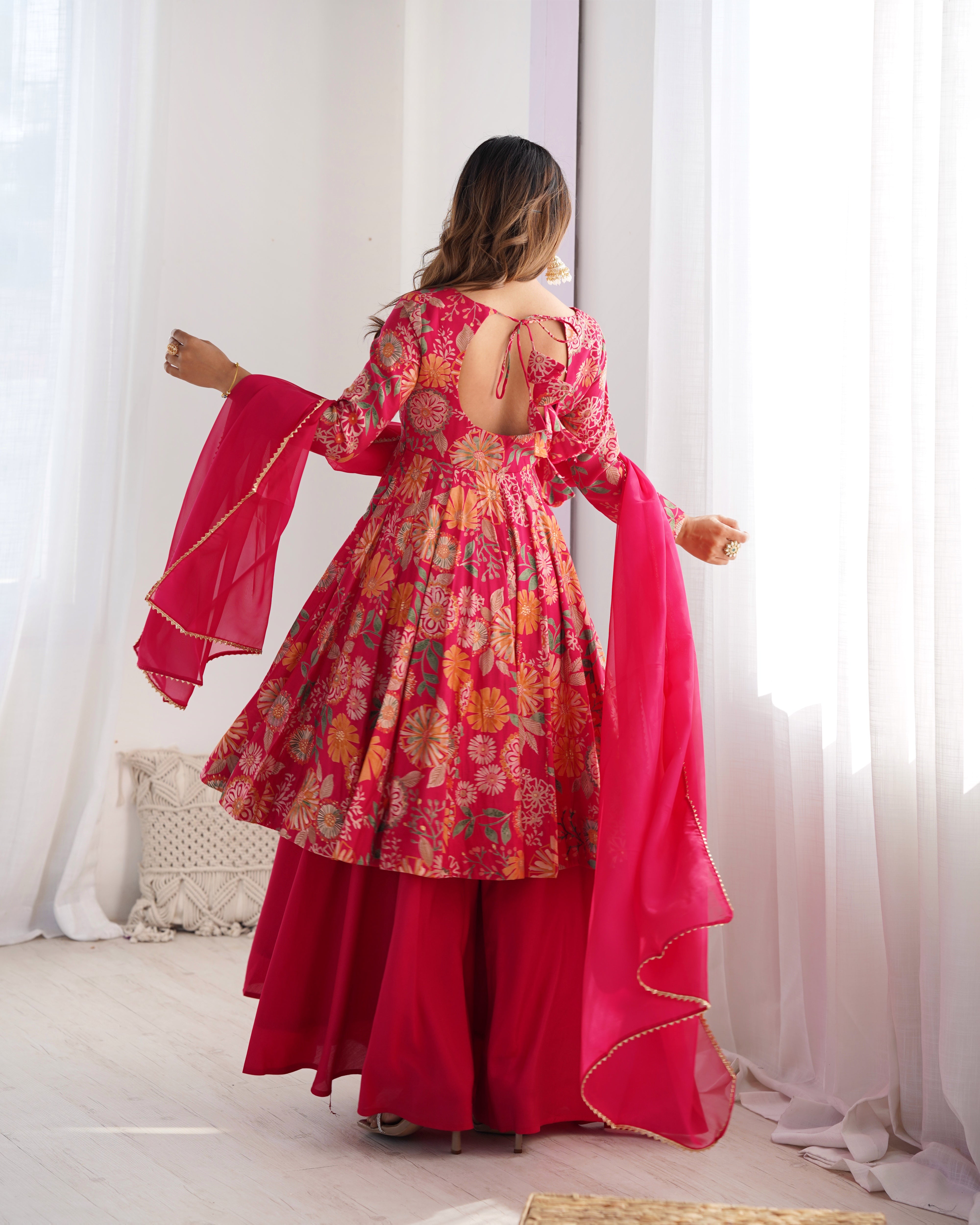 Womenline Fuchsia Pink Floral Printed Sharara Suit Set with Dupatta