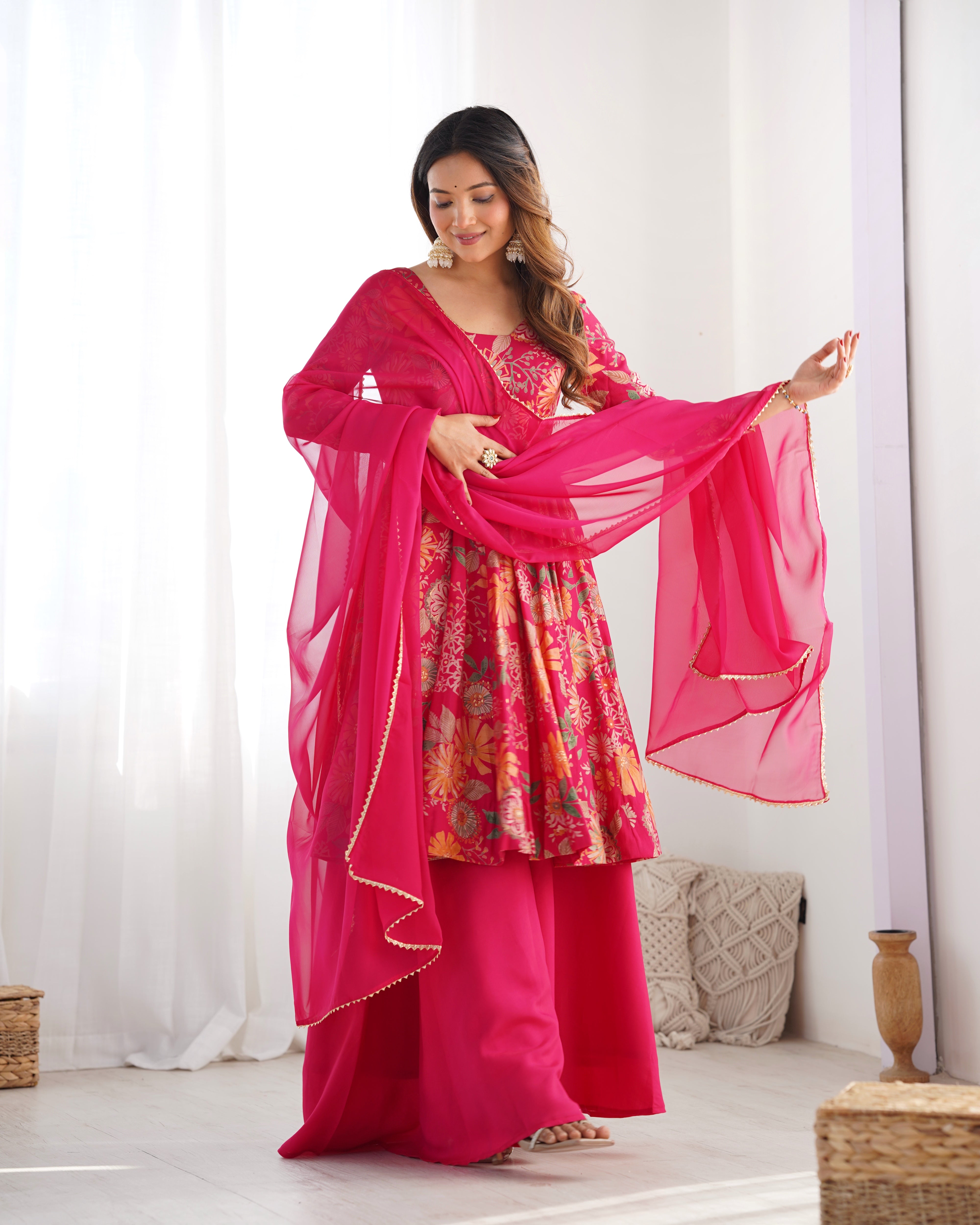 Womenline Fuchsia Pink Floral Printed Sharara Suit Set with Dupatta