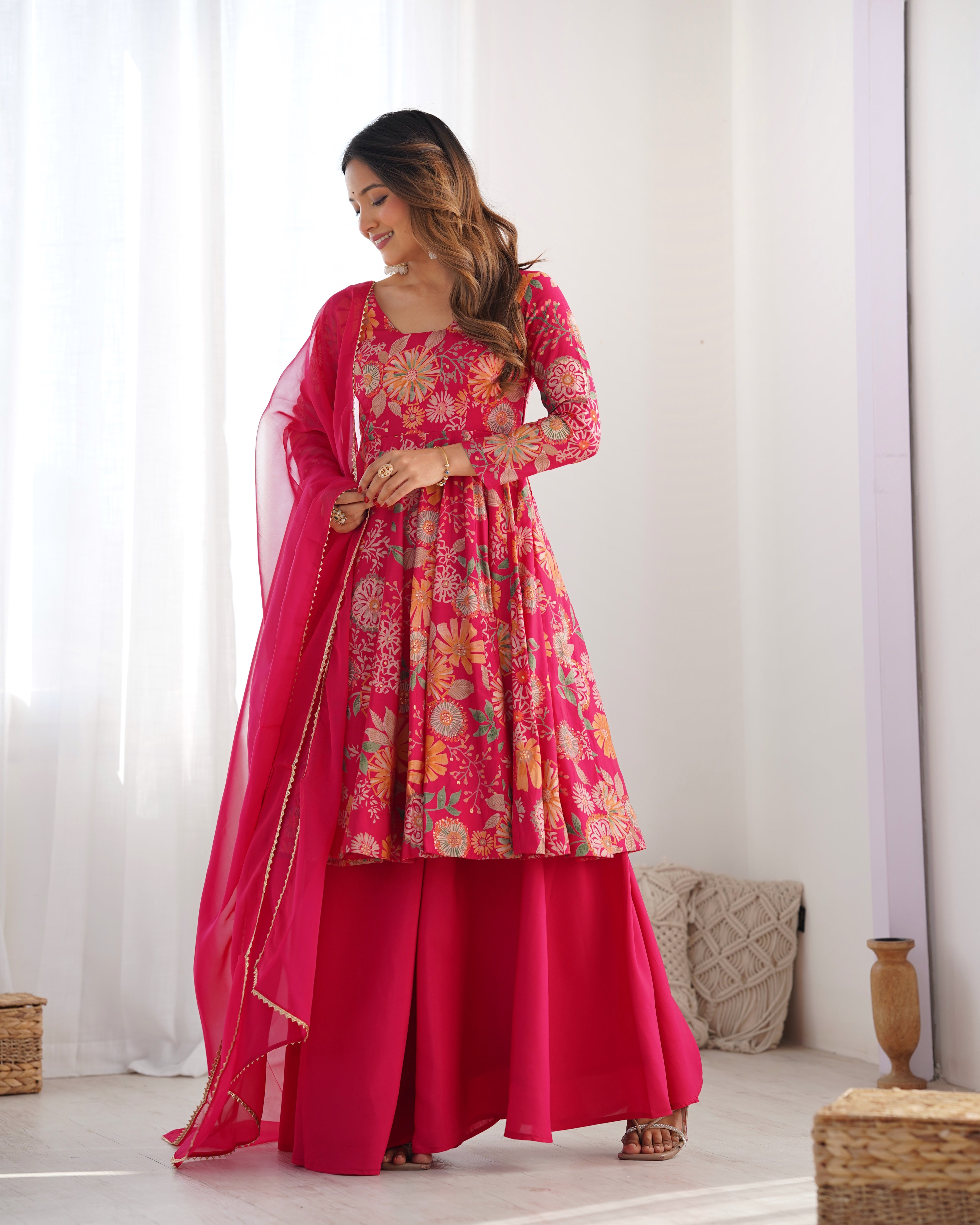 Womenline Fuchsia Pink Floral Printed Sharara Suit Set with Dupatta