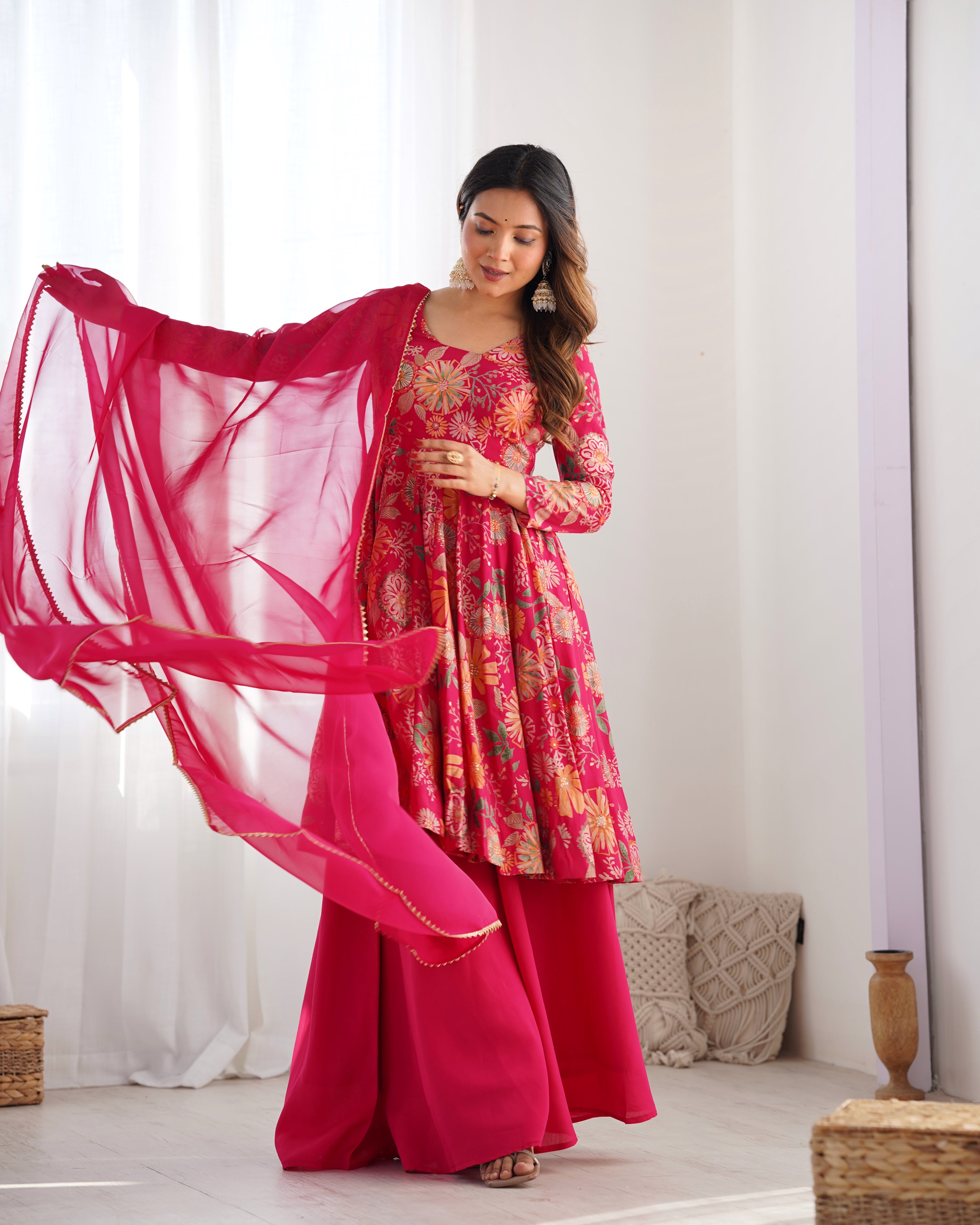 Womenline Fuchsia Pink Floral Printed Sharara Suit Set with Dupatta