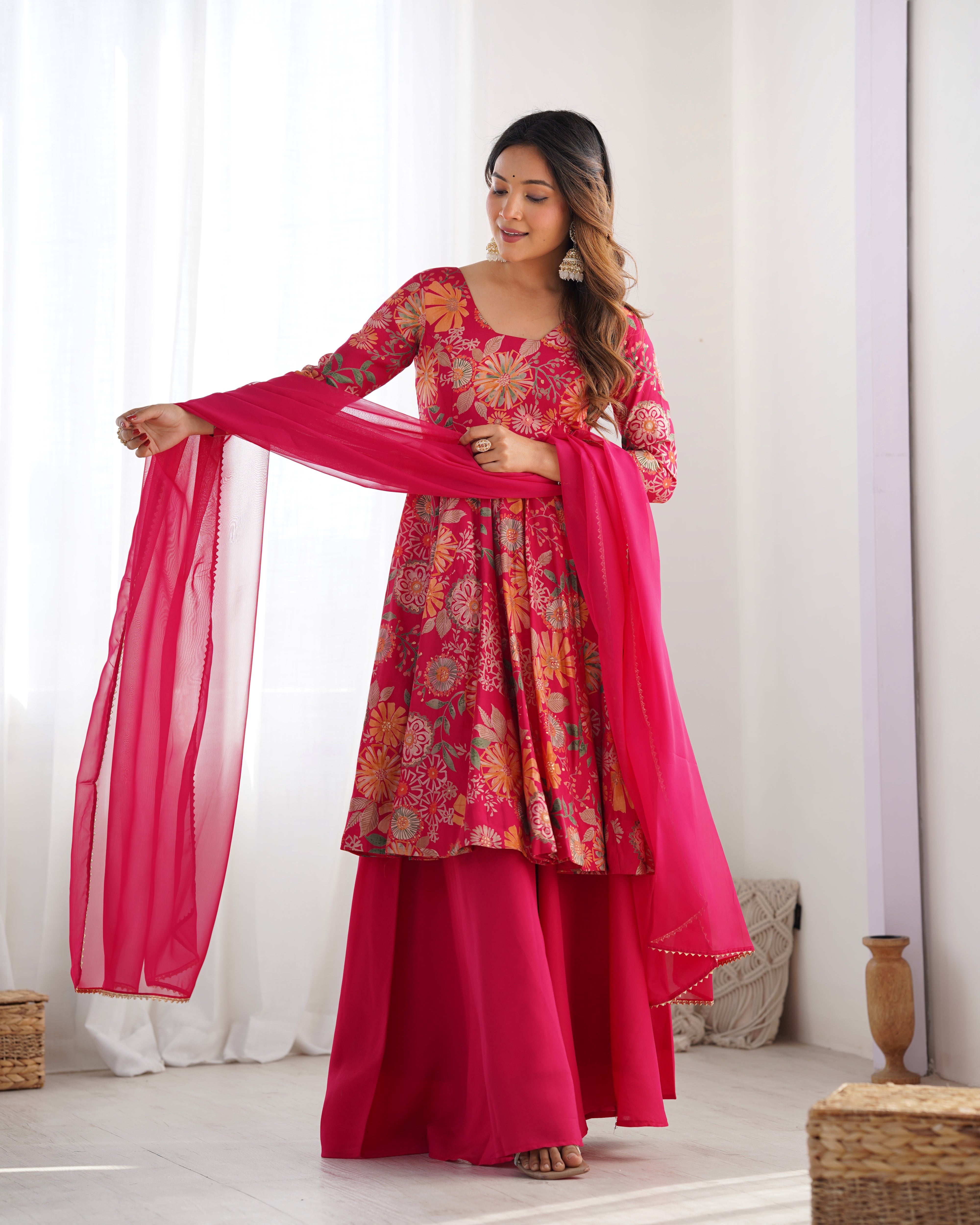 Womenline Fuchsia Pink Floral Printed Sharara Suit Set with Dupatta