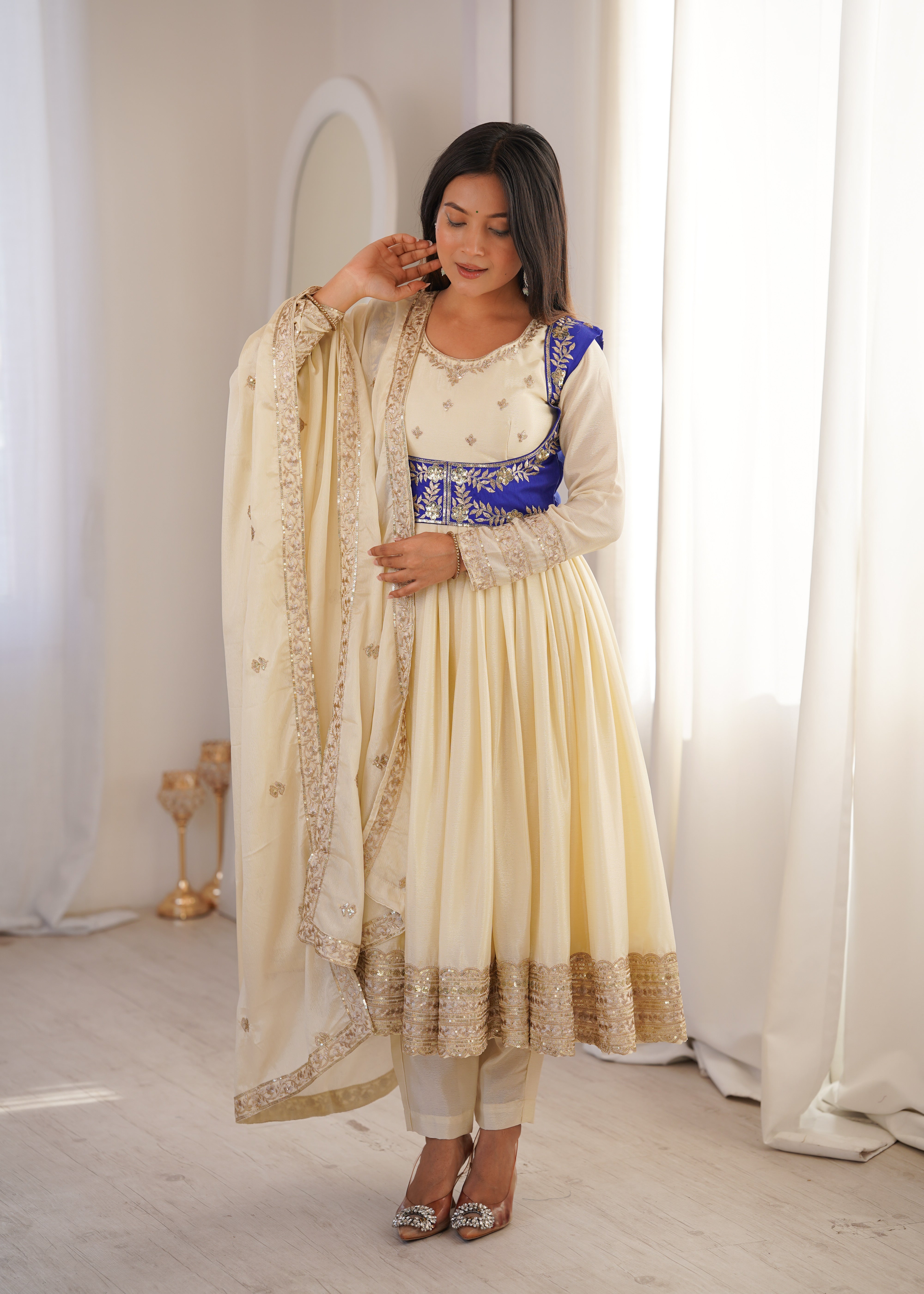 Womenline Elegant Ivory & Royal Blue Anarkali Set with Dupatta