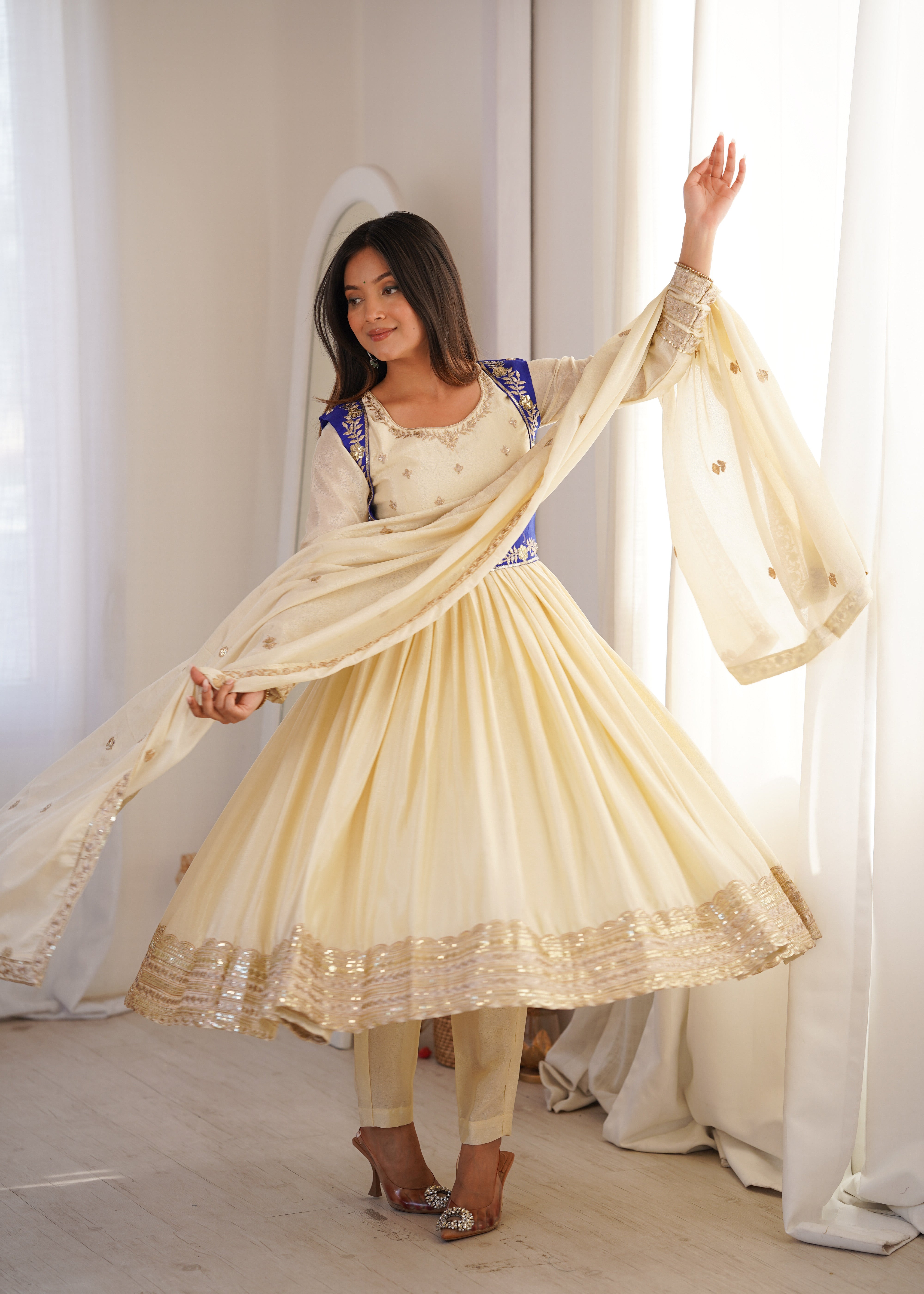 Womenline Elegant Ivory & Royal Blue Anarkali Set with Dupatta