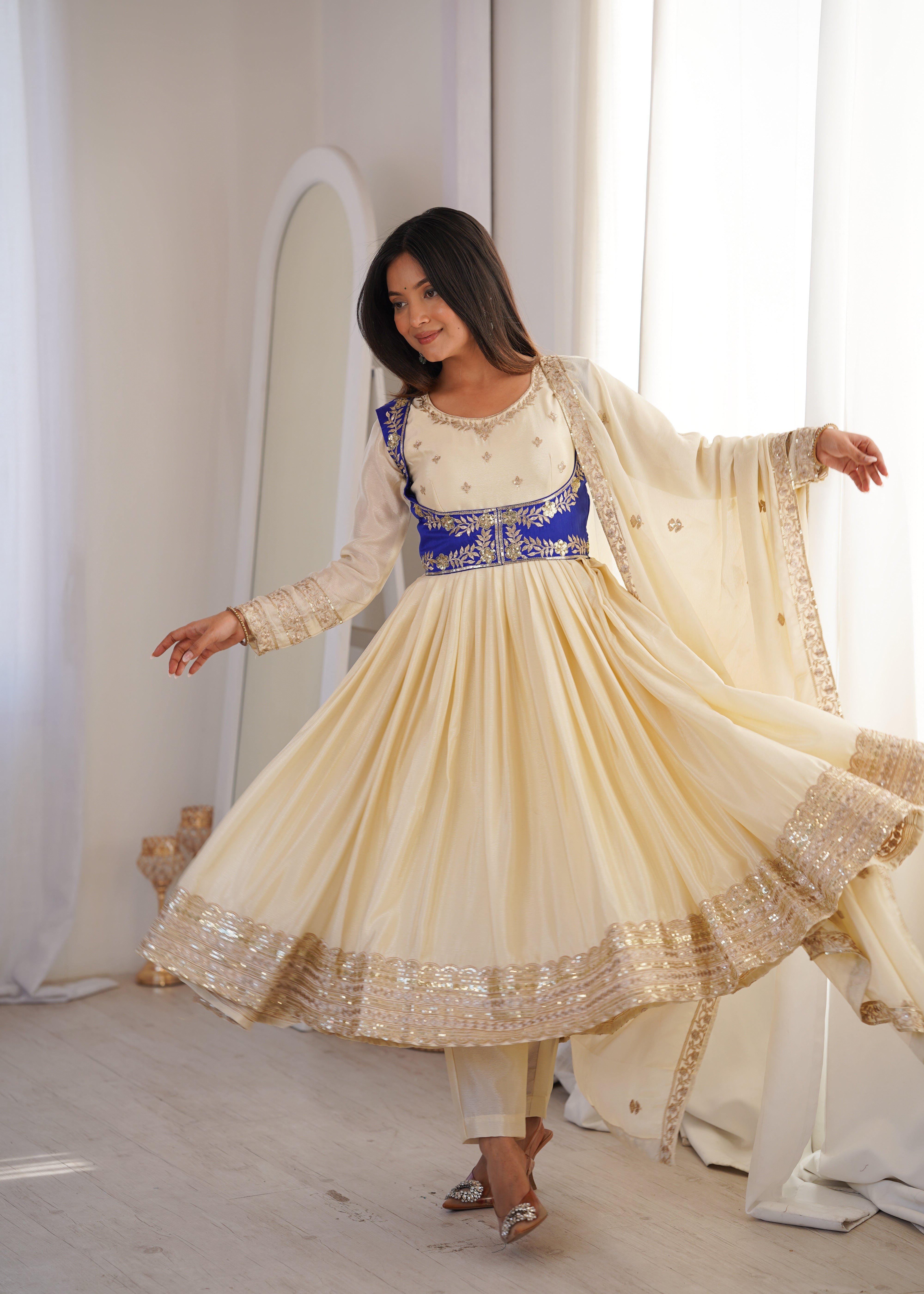 Womenline Elegant Ivory & Royal Blue Anarkali Set with Dupatta
