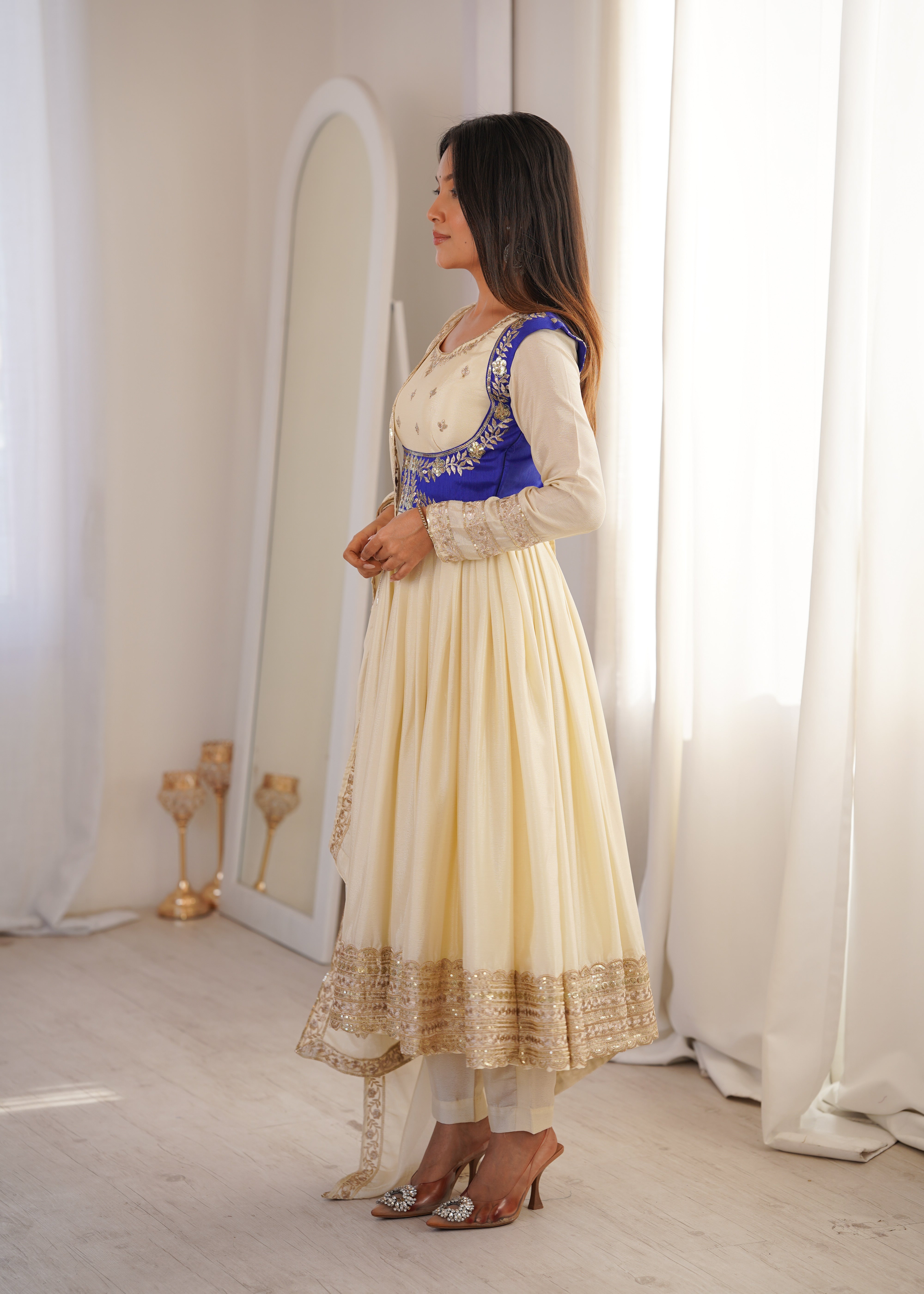 Womenline Elegant Ivory & Royal Blue Anarkali Set with Dupatta
