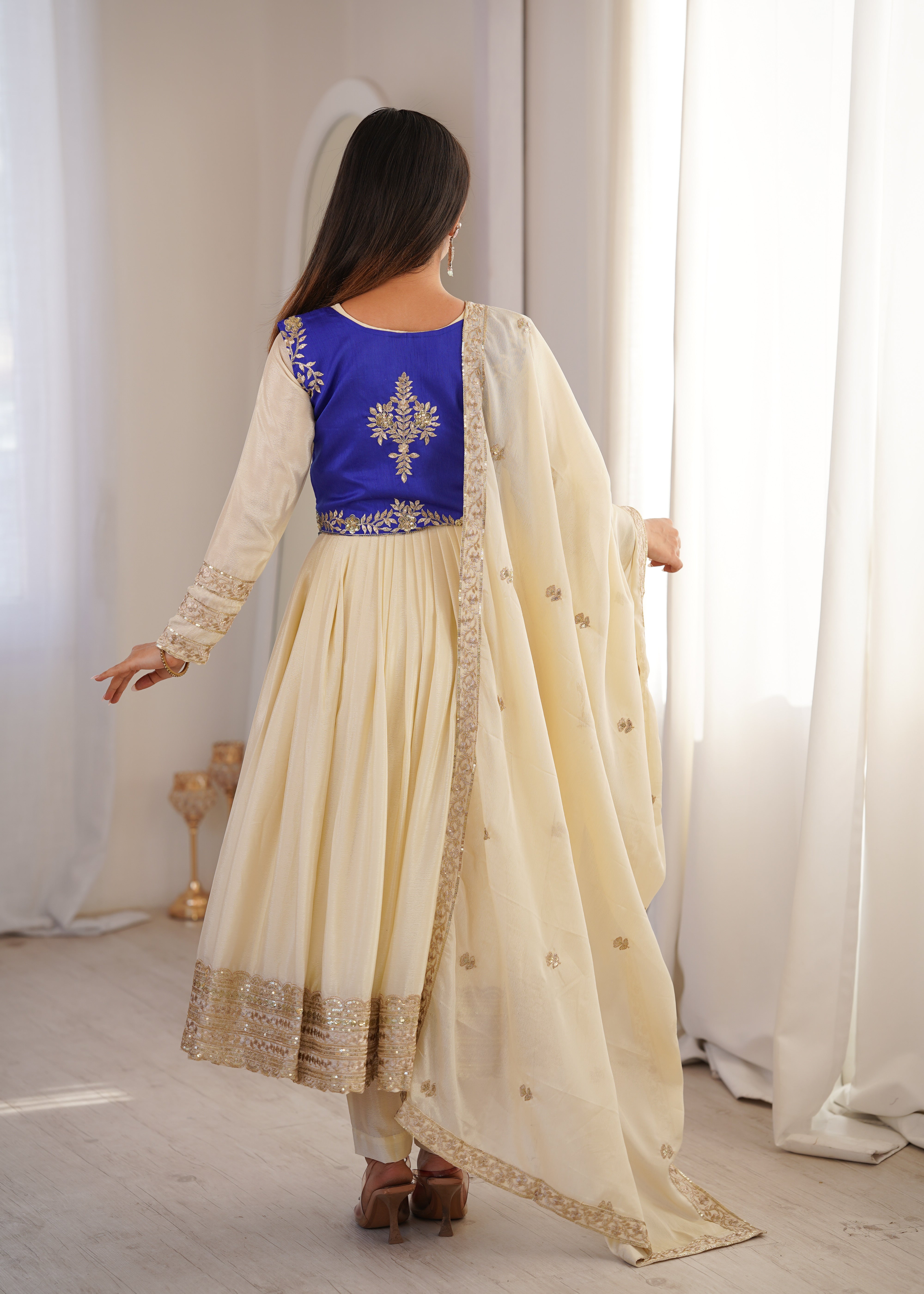 Womenline Elegant Ivory & Royal Blue Anarkali Set with Dupatta