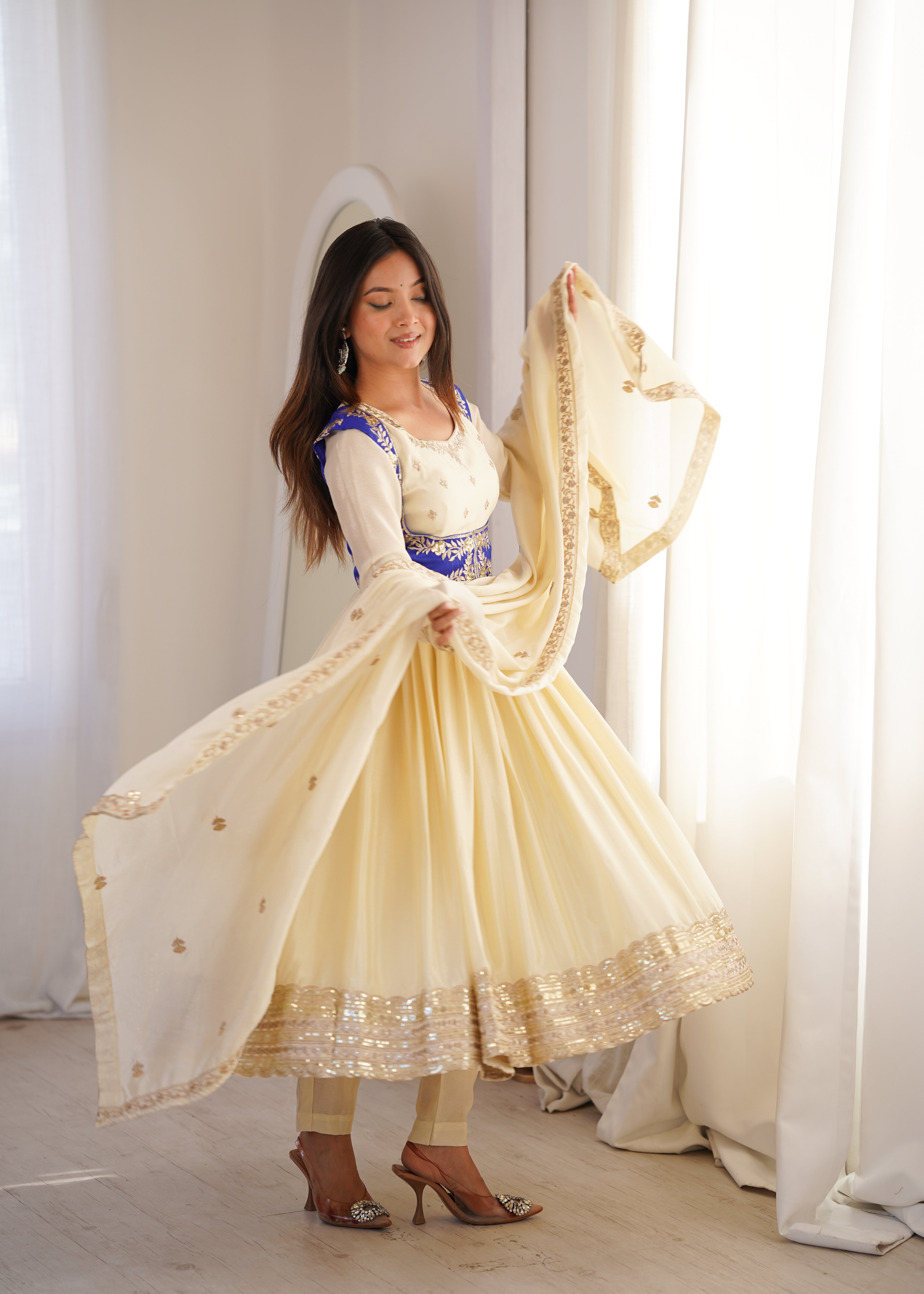 Womenline Elegant Ivory & Royal Blue Anarkali Set with Dupatta