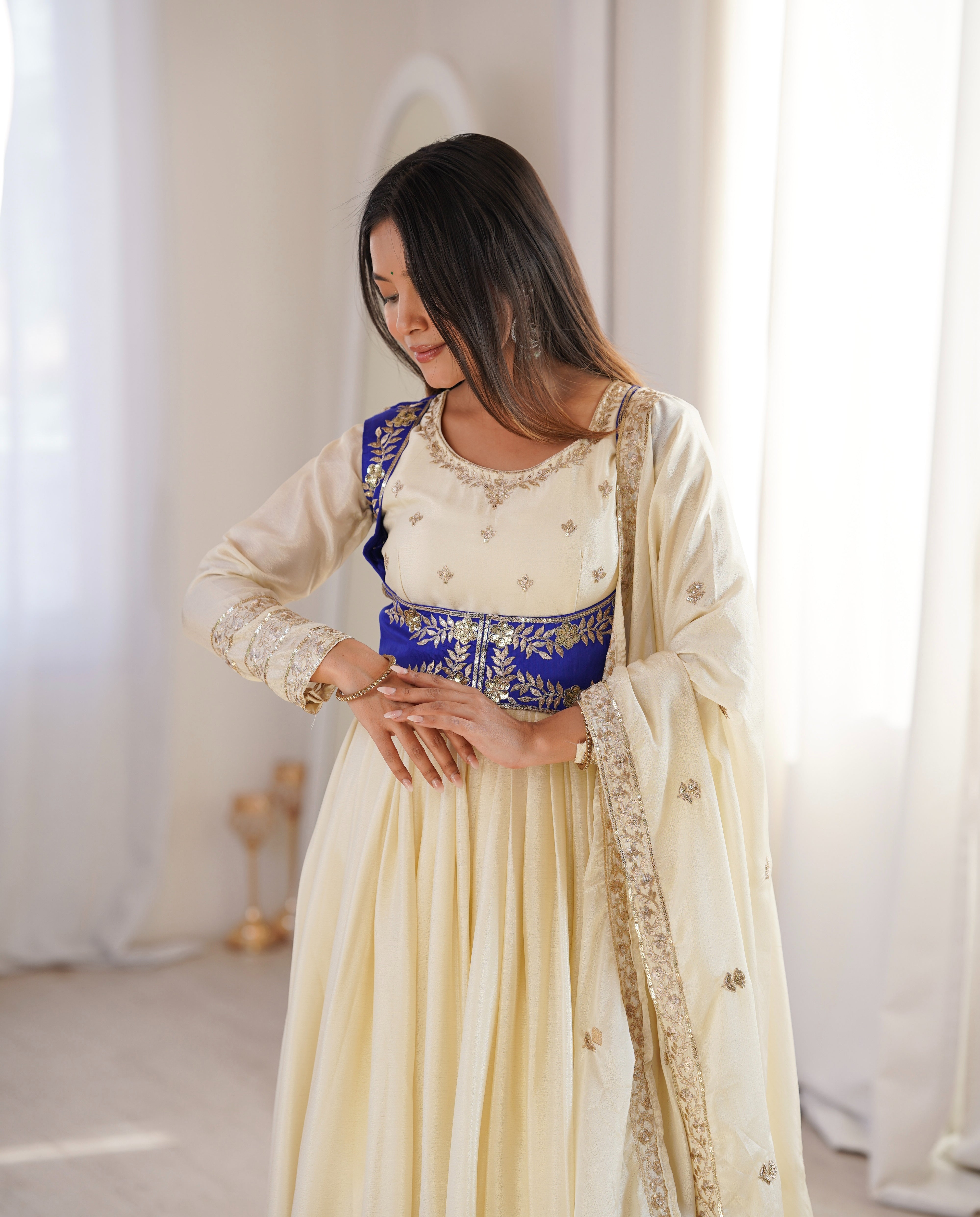 Womenline Elegant Ivory & Royal Blue Anarkali Set with Dupatta