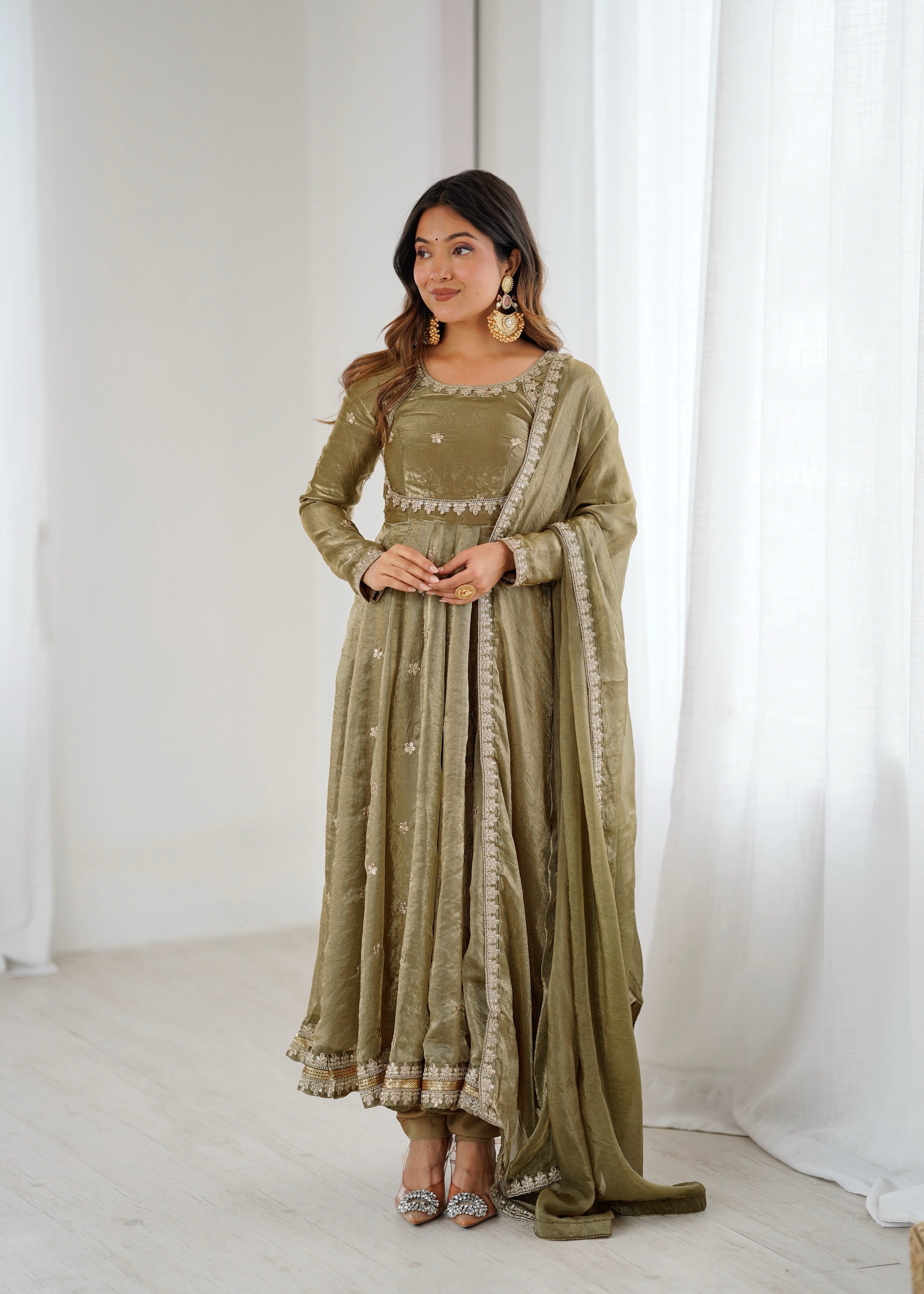 Womenline Elegant Olive Green Anarkali Suit Set with Dupatta