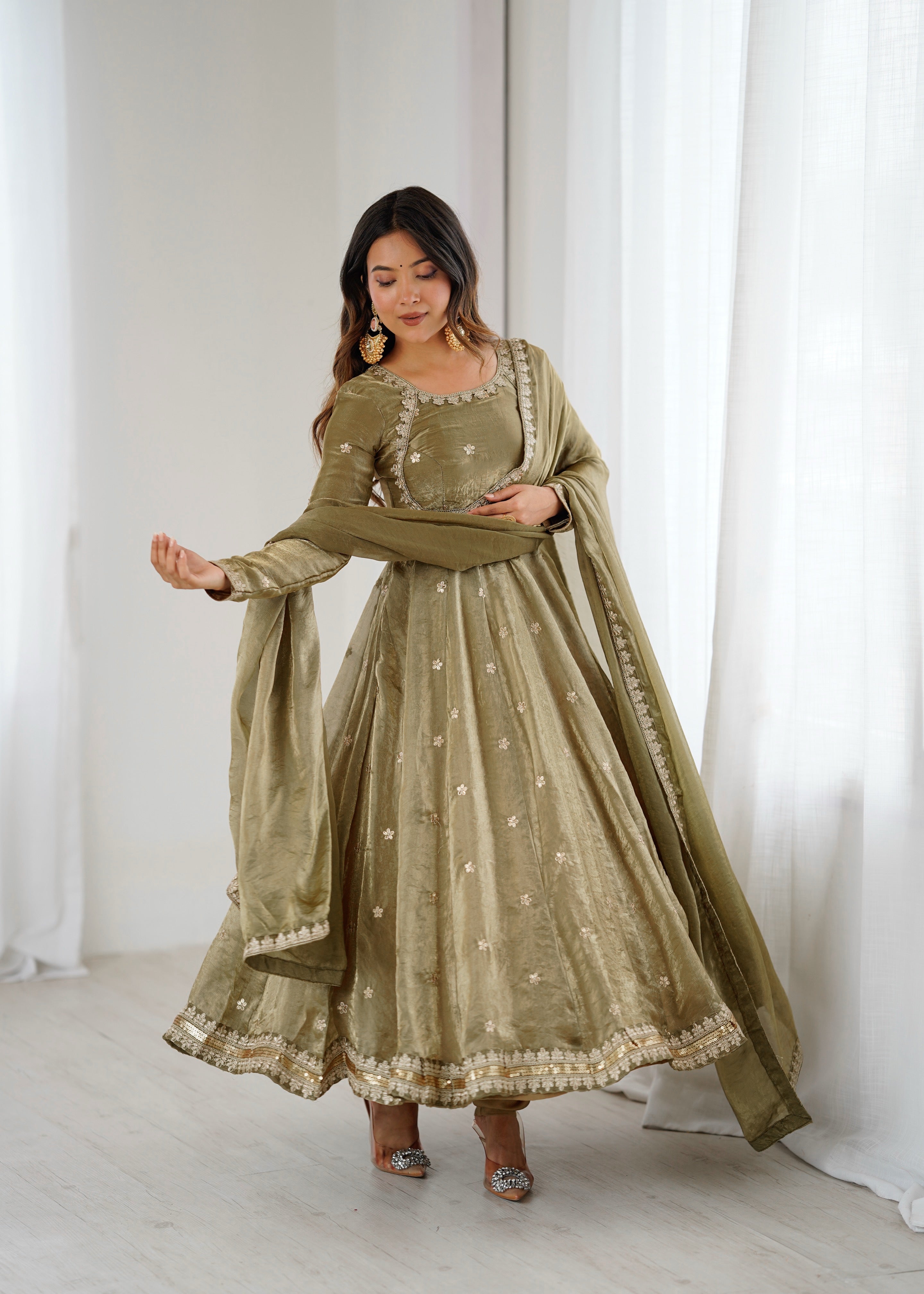 Womenline Elegant Olive Green Anarkali Suit Set with Dupatta