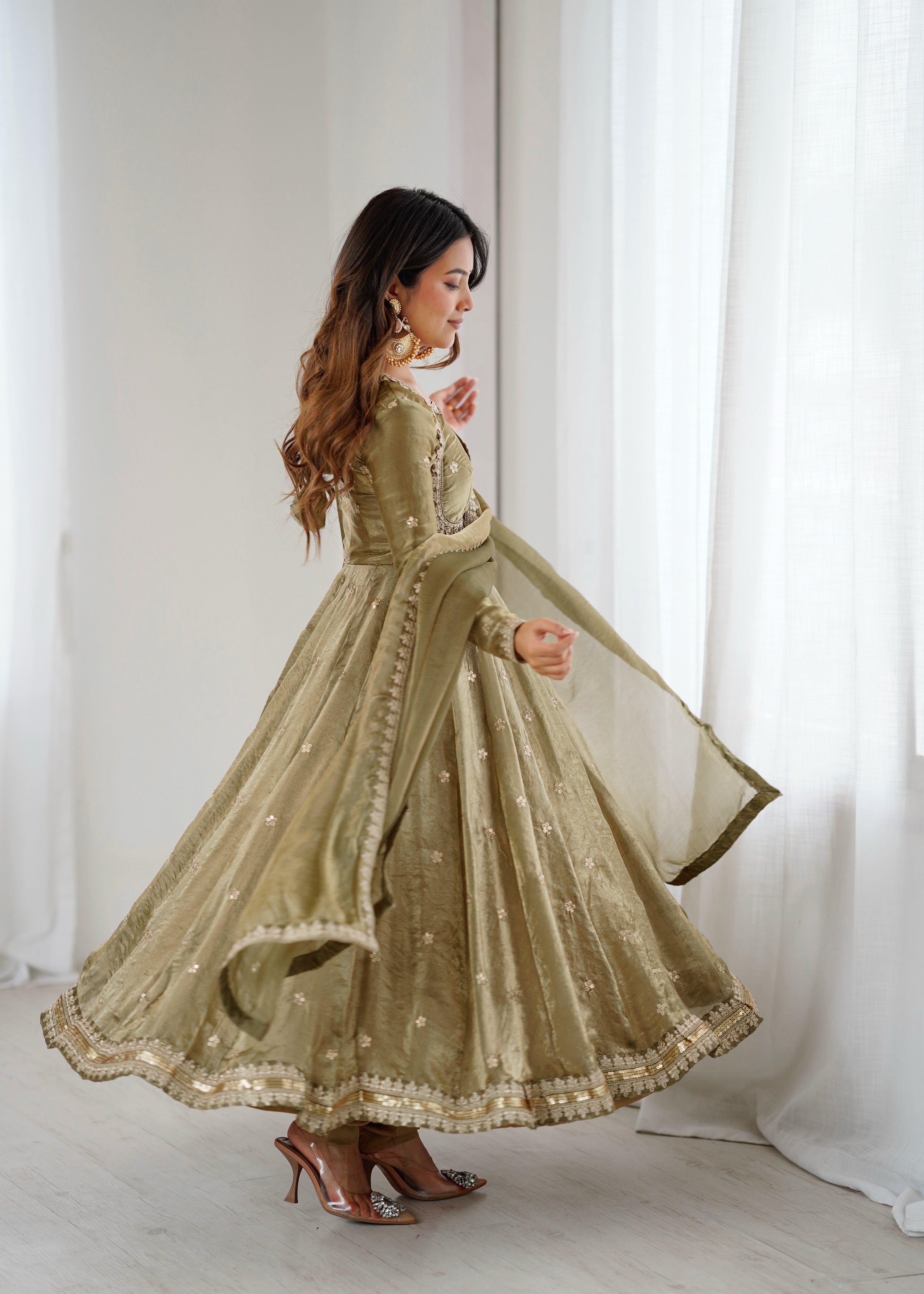 Womenline Elegant Olive Green Anarkali Suit Set with Dupatta