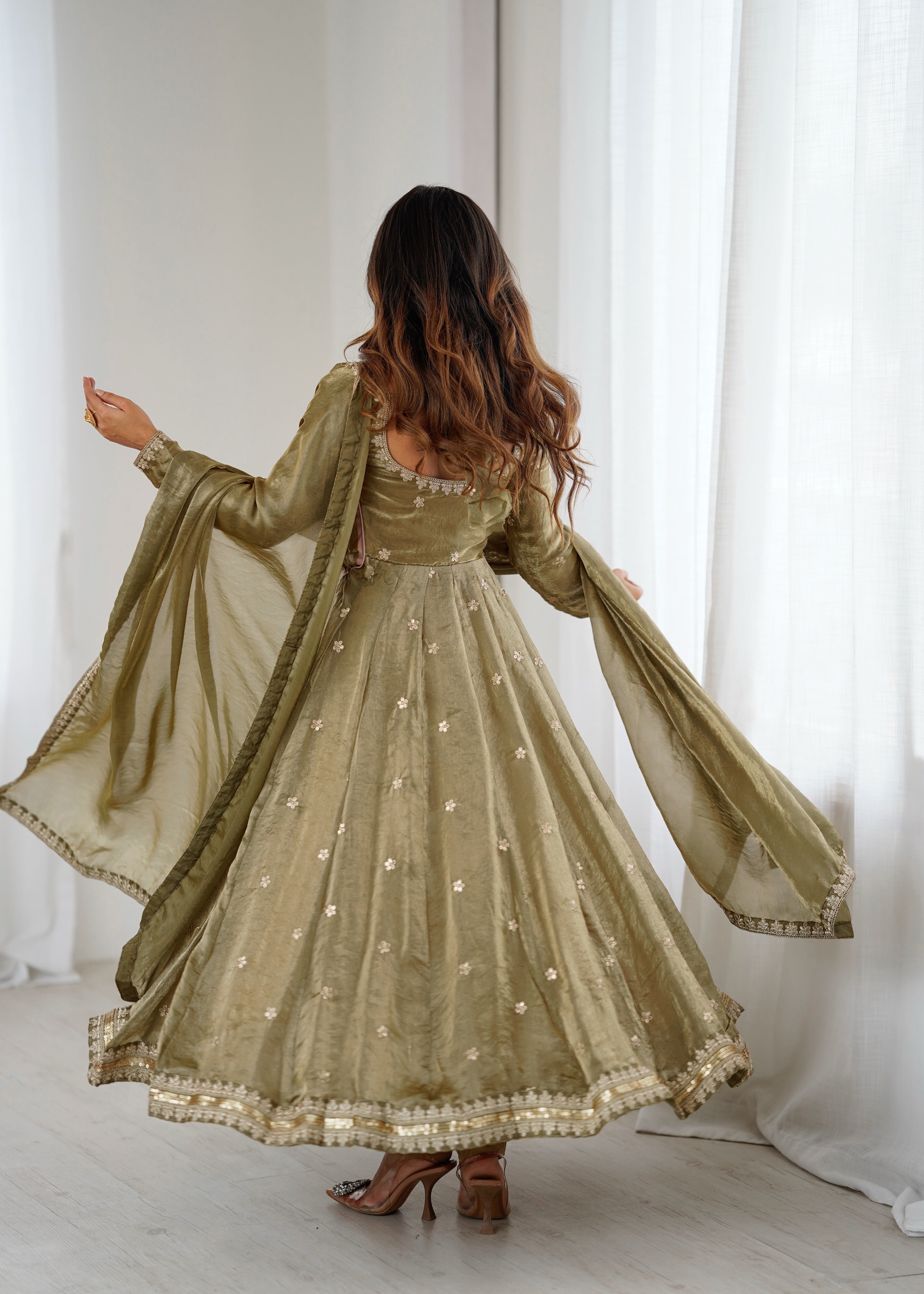 Womenline Elegant Olive Green Anarkali Suit Set with Dupatta