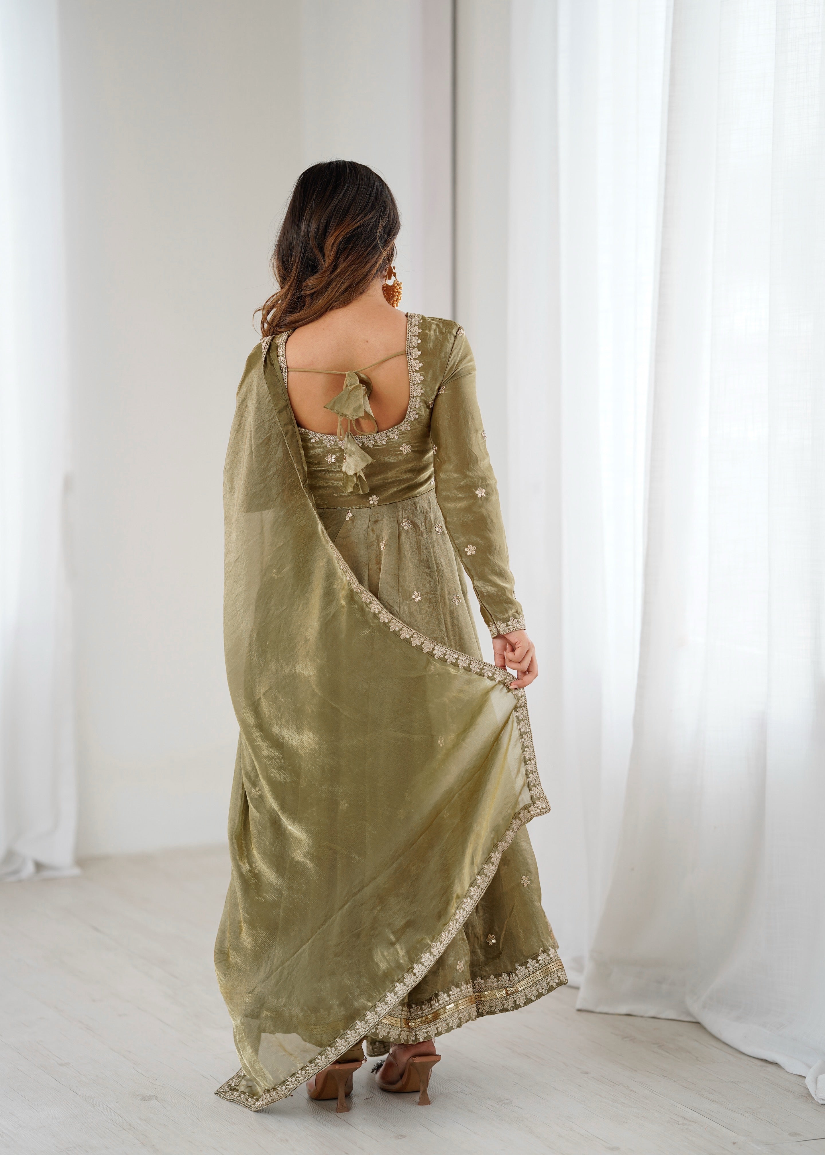 Womenline Elegant Olive Green Anarkali Suit Set with Dupatta