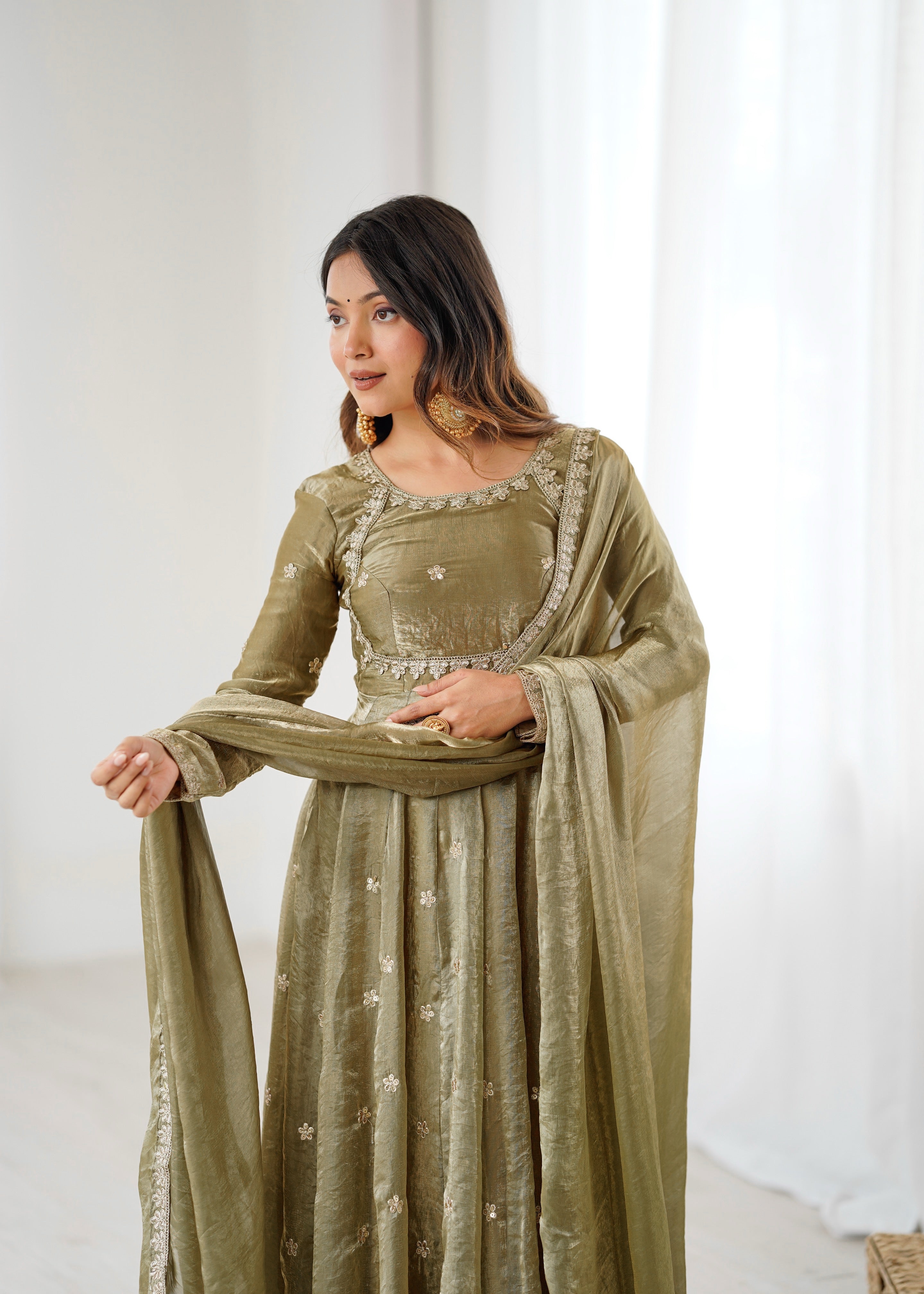 Womenline Elegant Olive Green Anarkali Suit Set with Dupatta