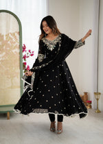 Womenline Black Embroidered Anarkali Suit Set with Sequined Dupatta