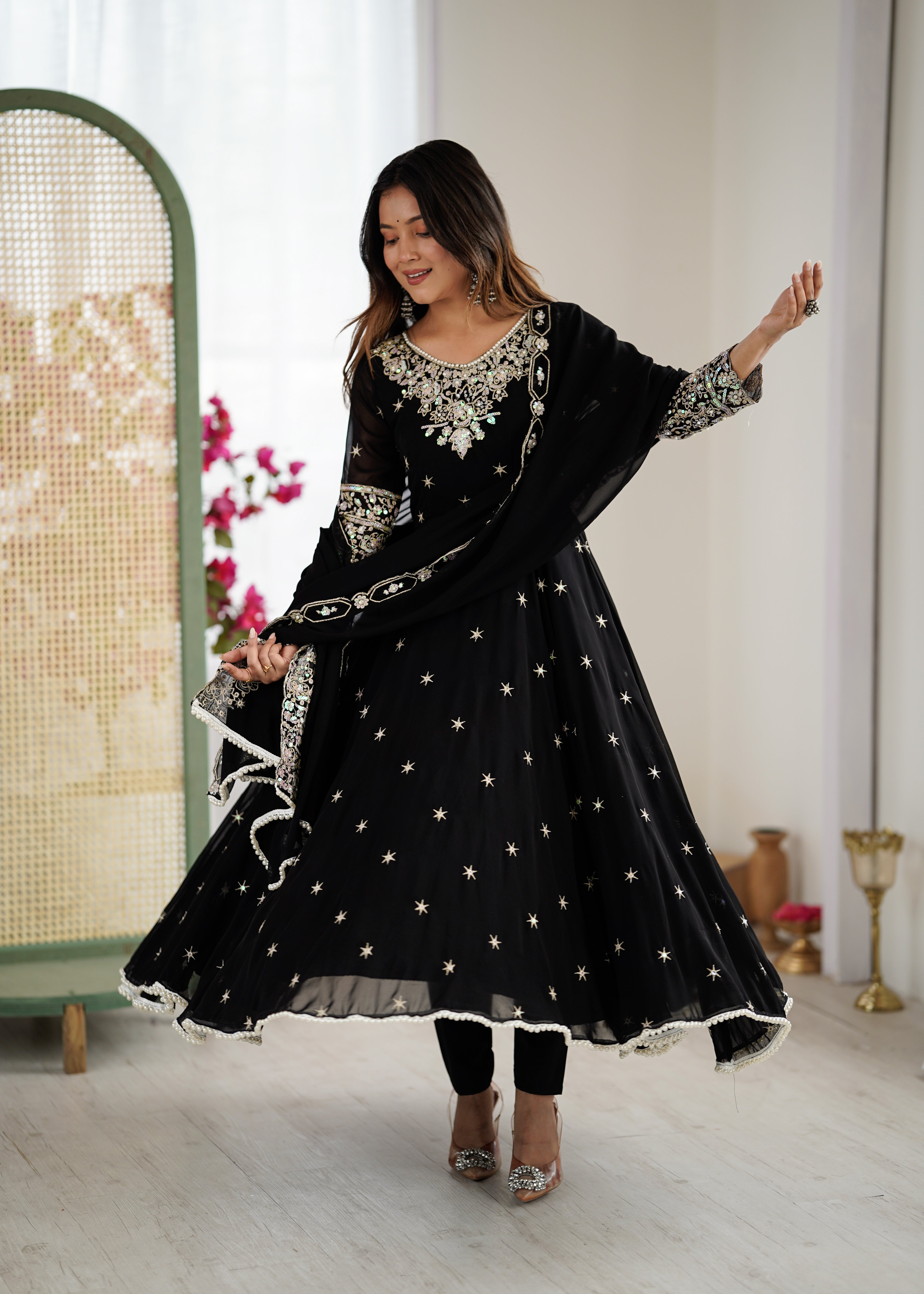 Womenline Black Embroidered Anarkali Suit Set with Sequined Dupatta