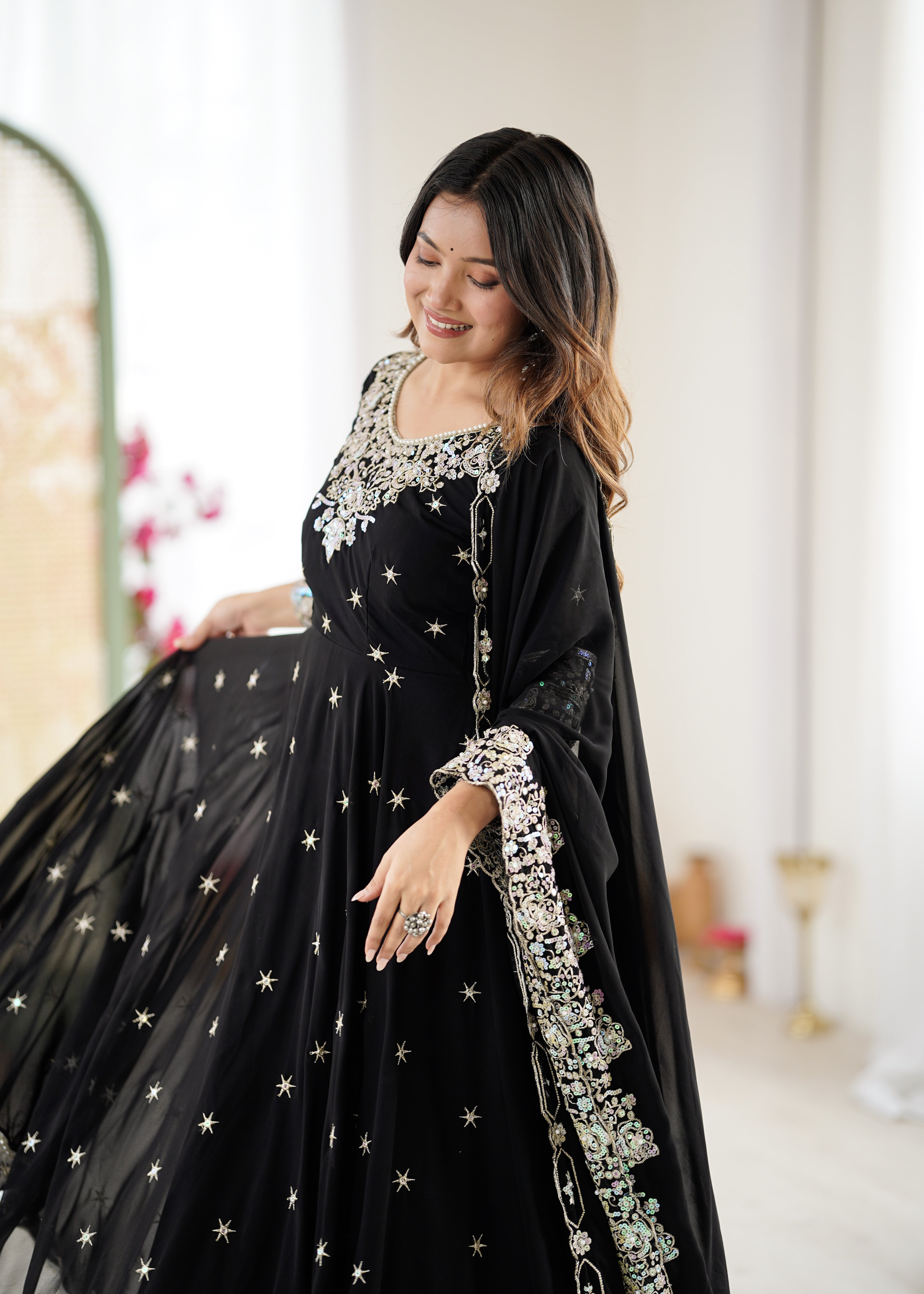 Womenline Black Embroidered Anarkali Suit Set with Sequined Dupatta