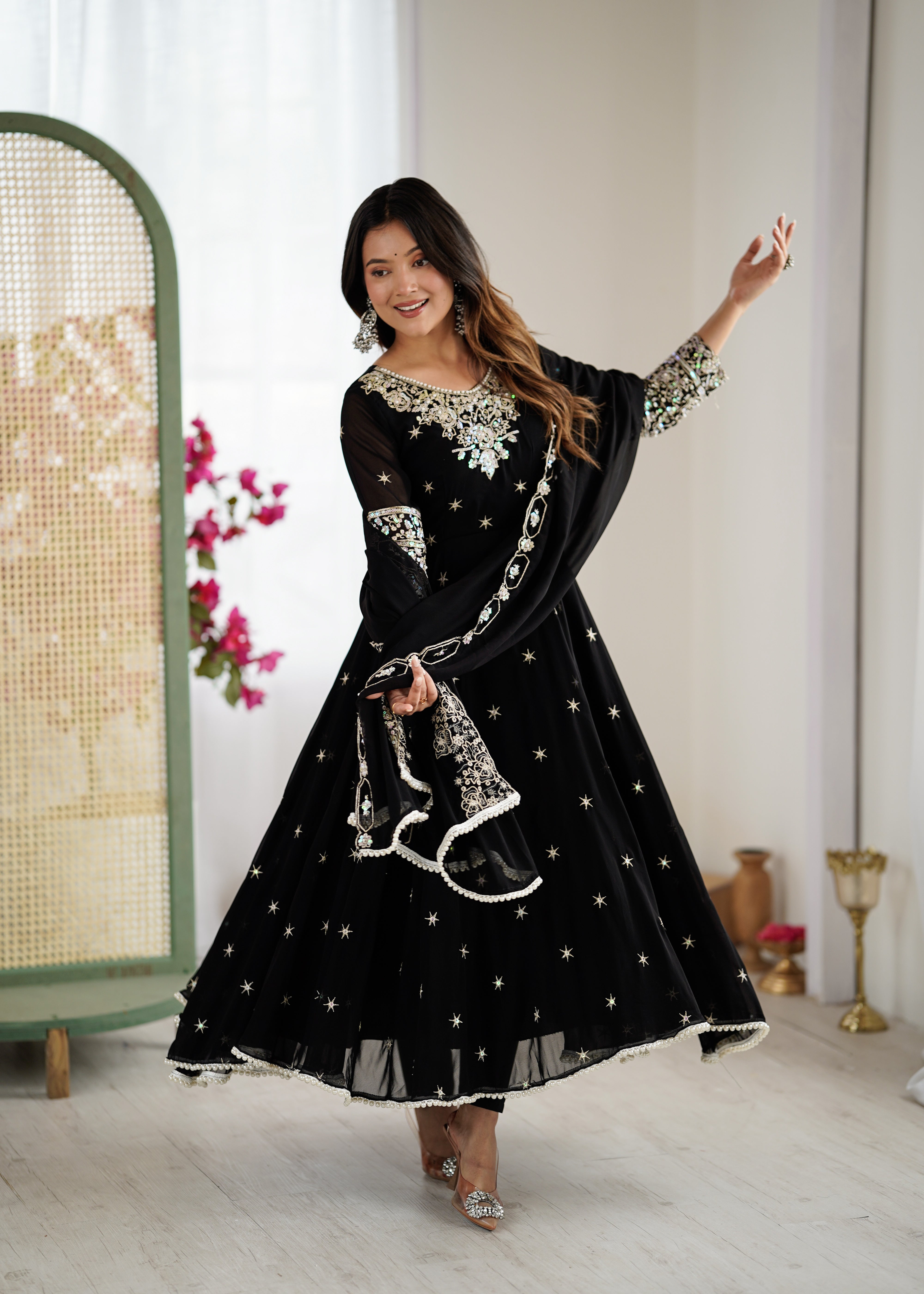 Womenline Black Embroidered Anarkali Suit Set with Sequined Dupatta