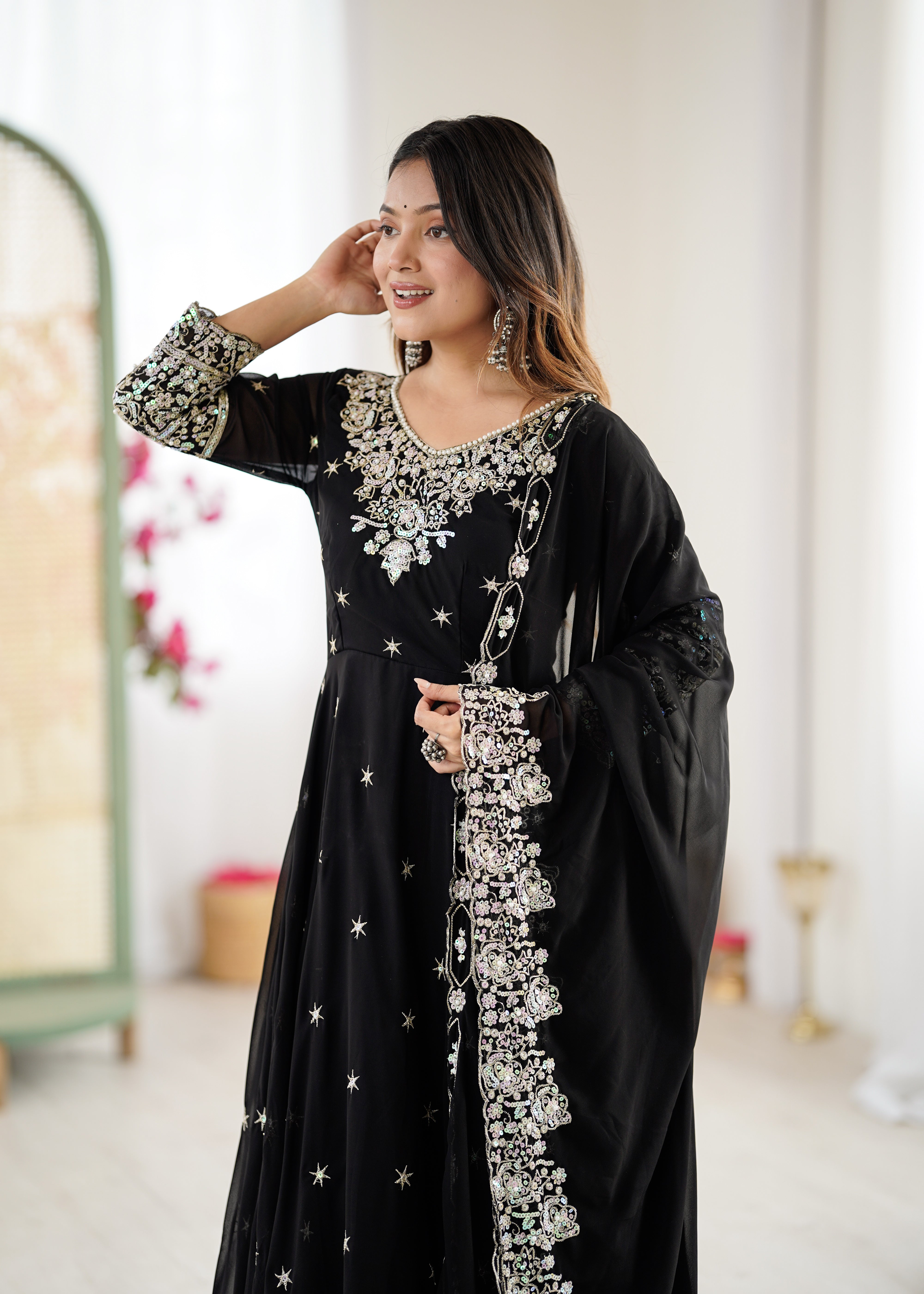 Womenline Black Embroidered Anarkali Suit Set with Sequined Dupatta