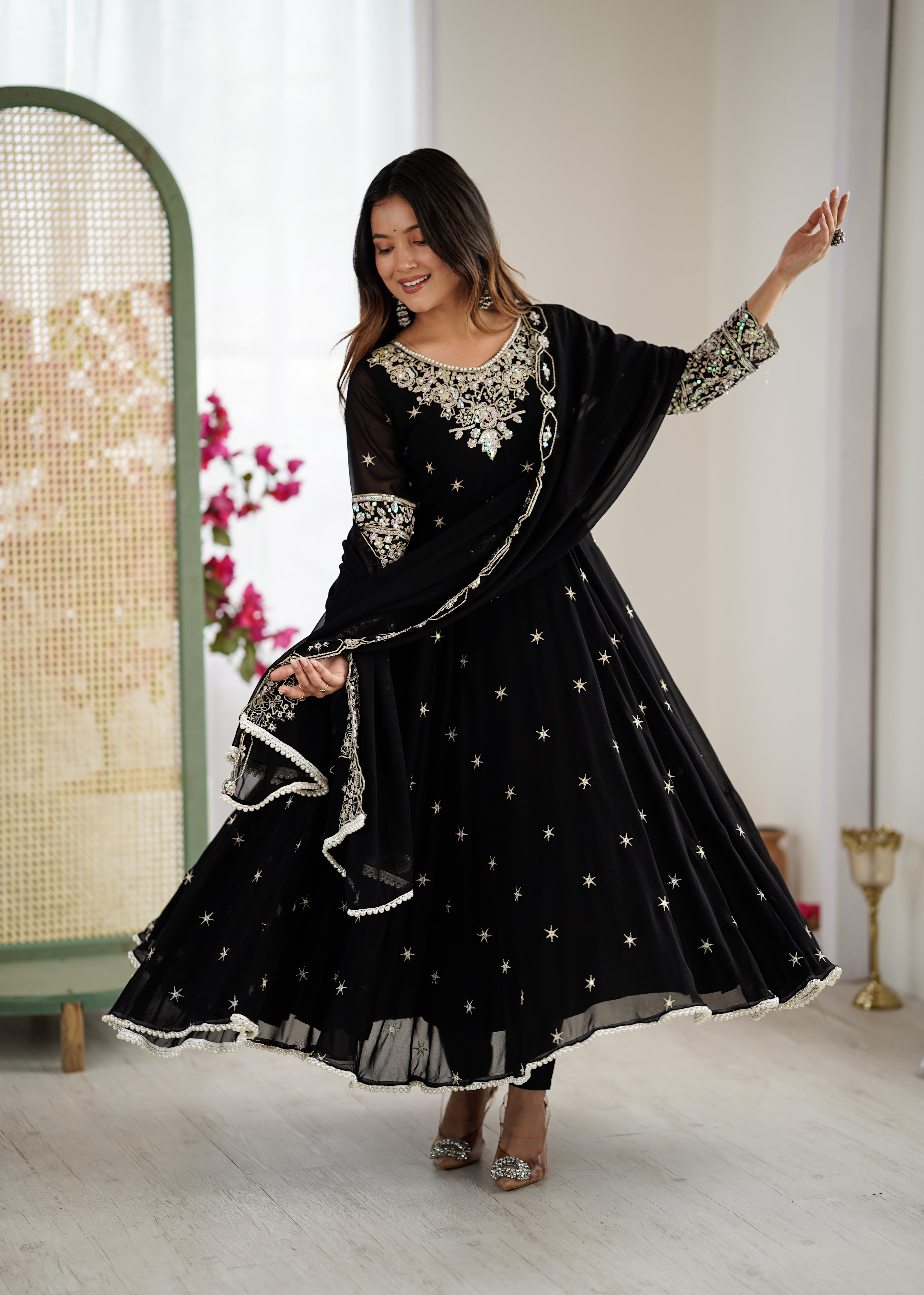 Womenline Black Embroidered Anarkali Suit Set with Sequined Dupatta