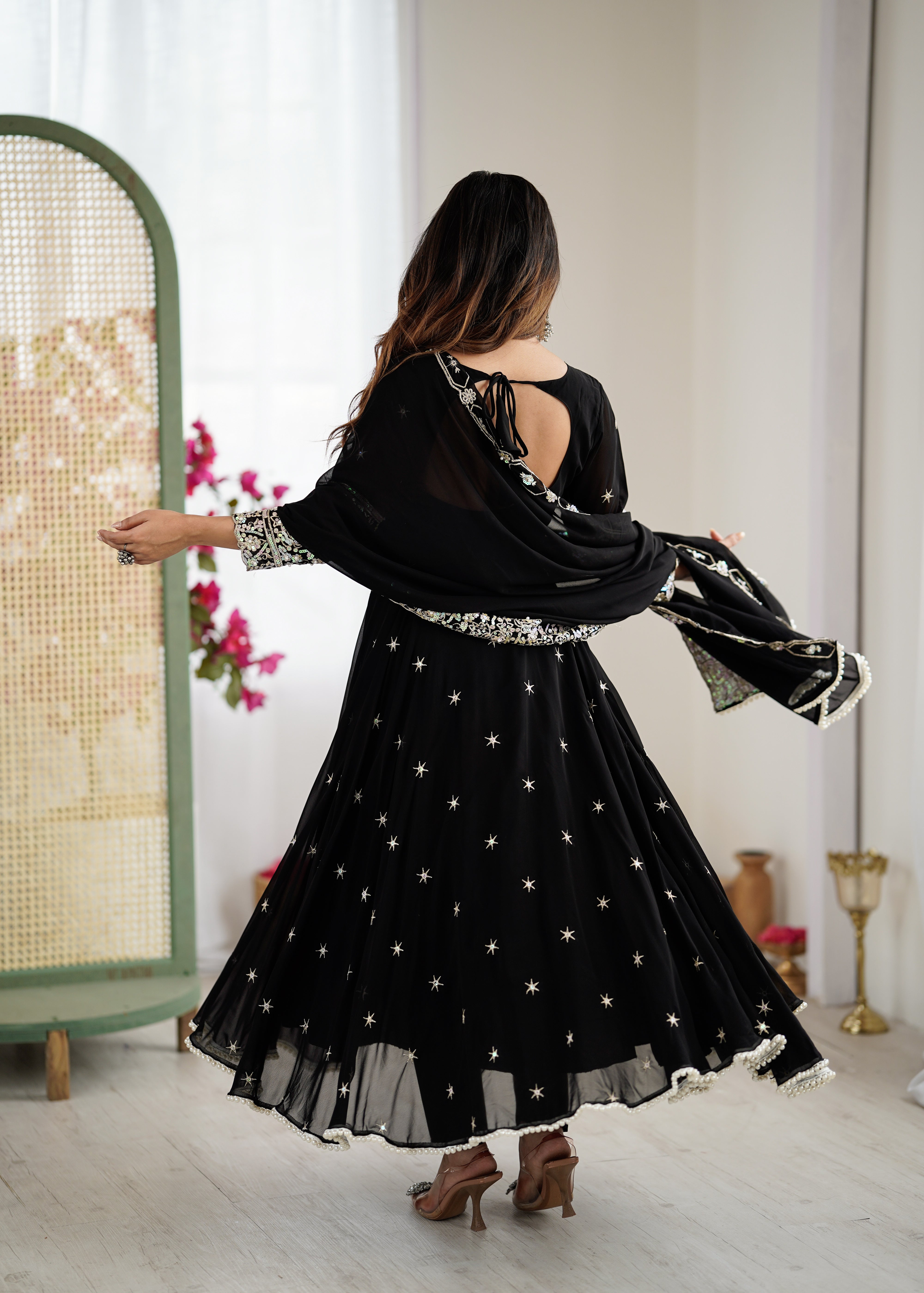 Womenline Black Embroidered Anarkali Suit Set with Sequined Dupatta