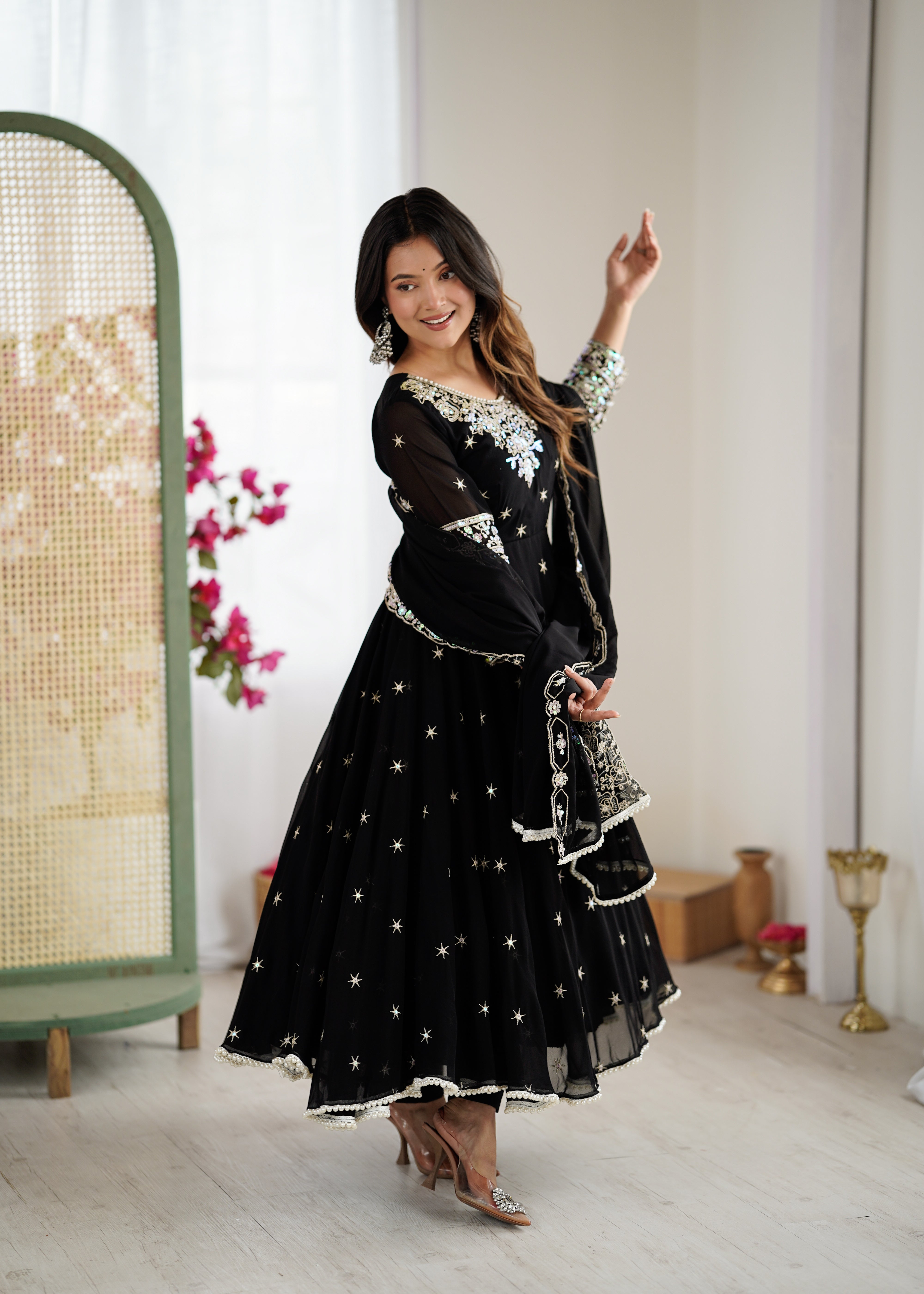 Womenline Black Embroidered Anarkali Suit Set with Sequined Dupatta