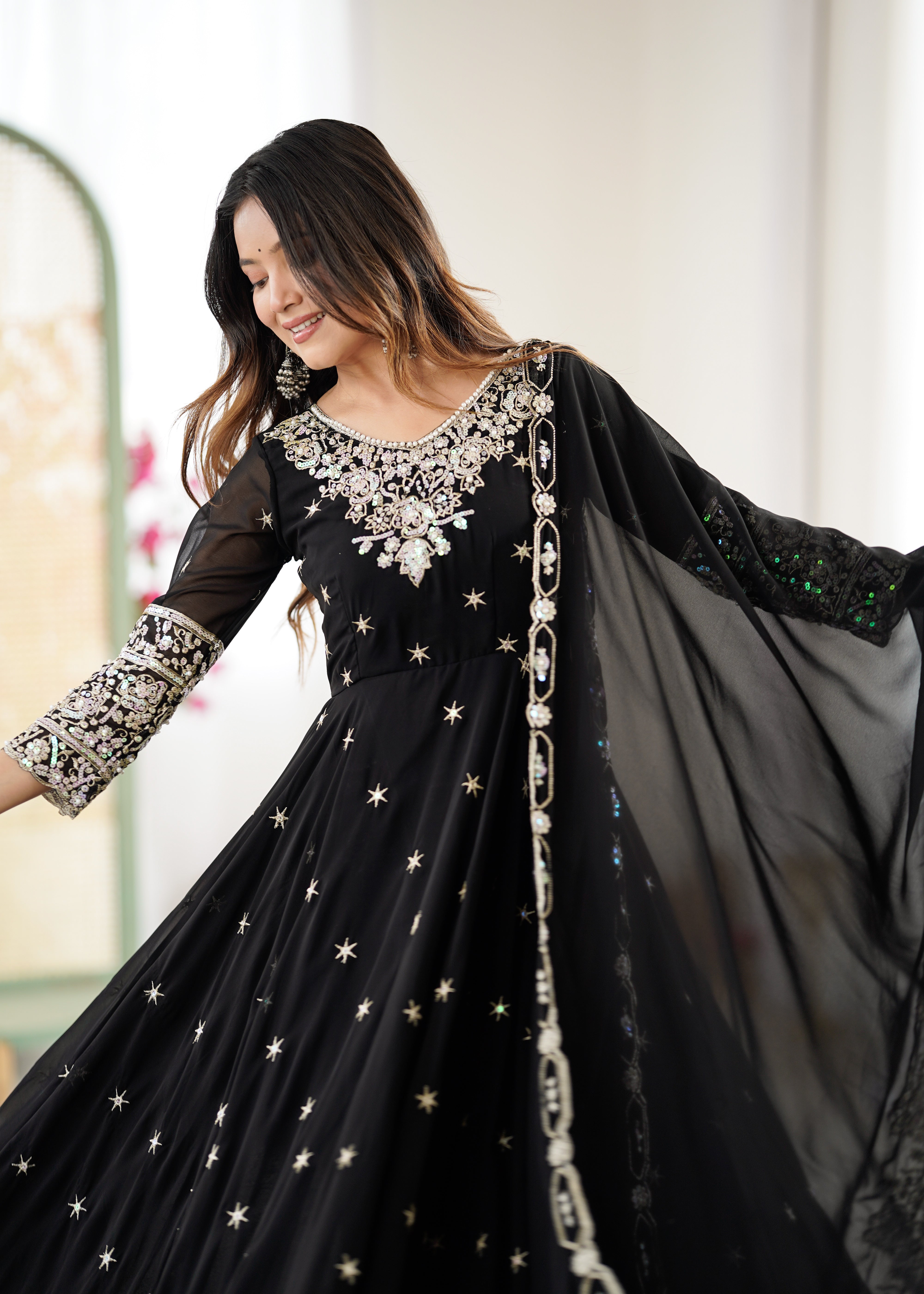 Womenline Black Embroidered Anarkali Suit Set with Sequined Dupatta