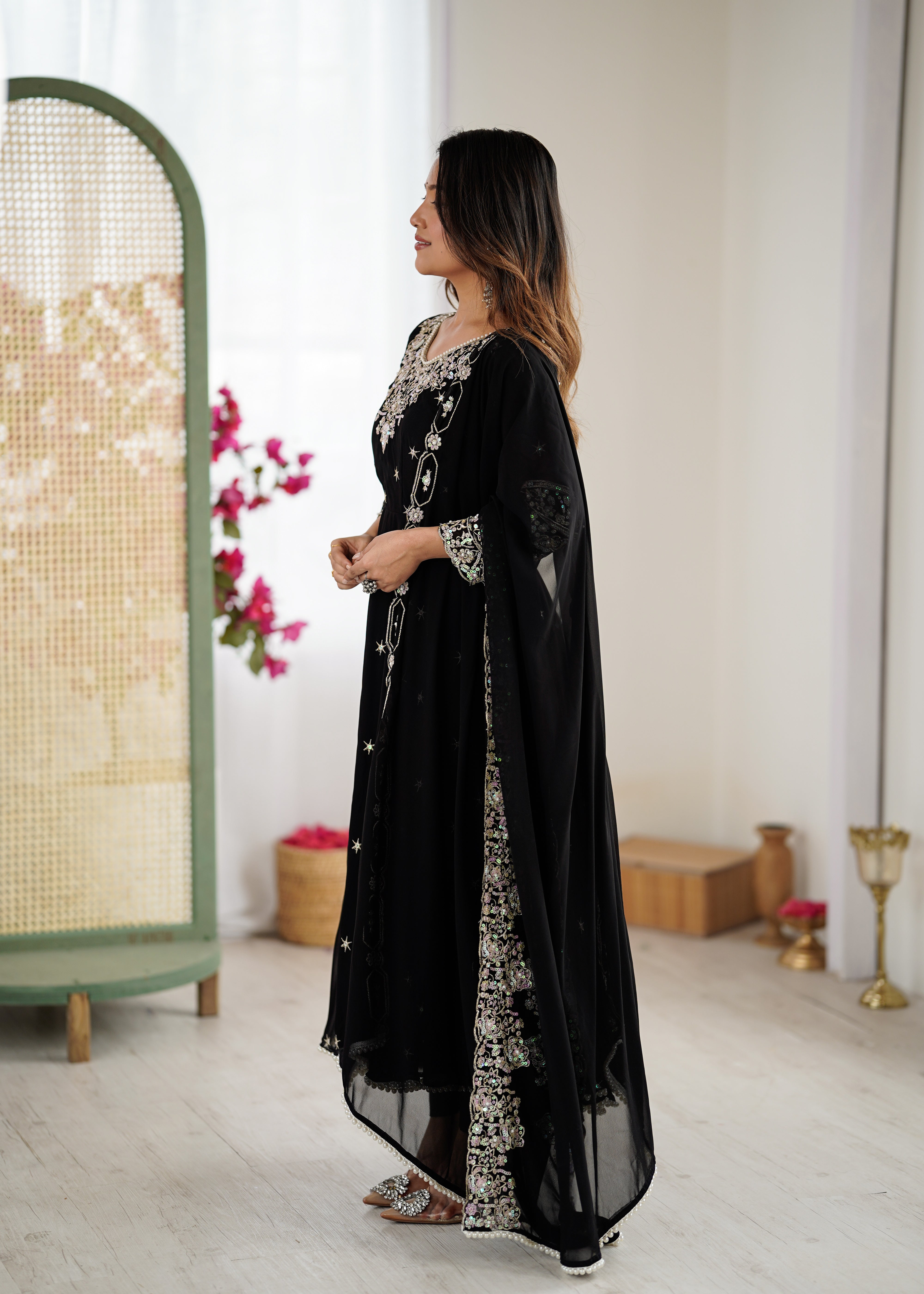 Womenline Black Embroidered Anarkali Suit Set with Sequined Dupatta