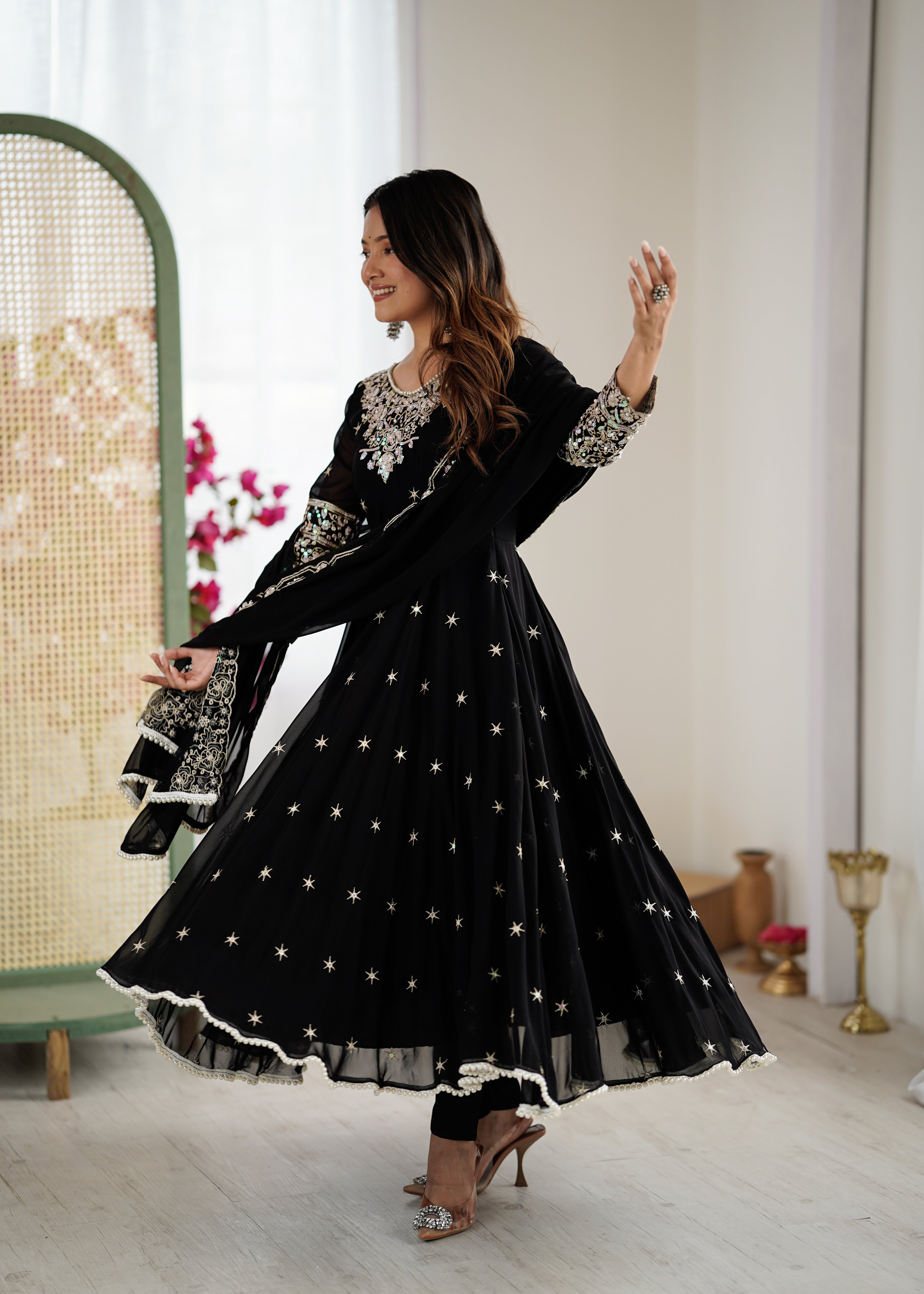 Womenline Black Embroidered Anarkali Suit Set with Sequined Dupatta