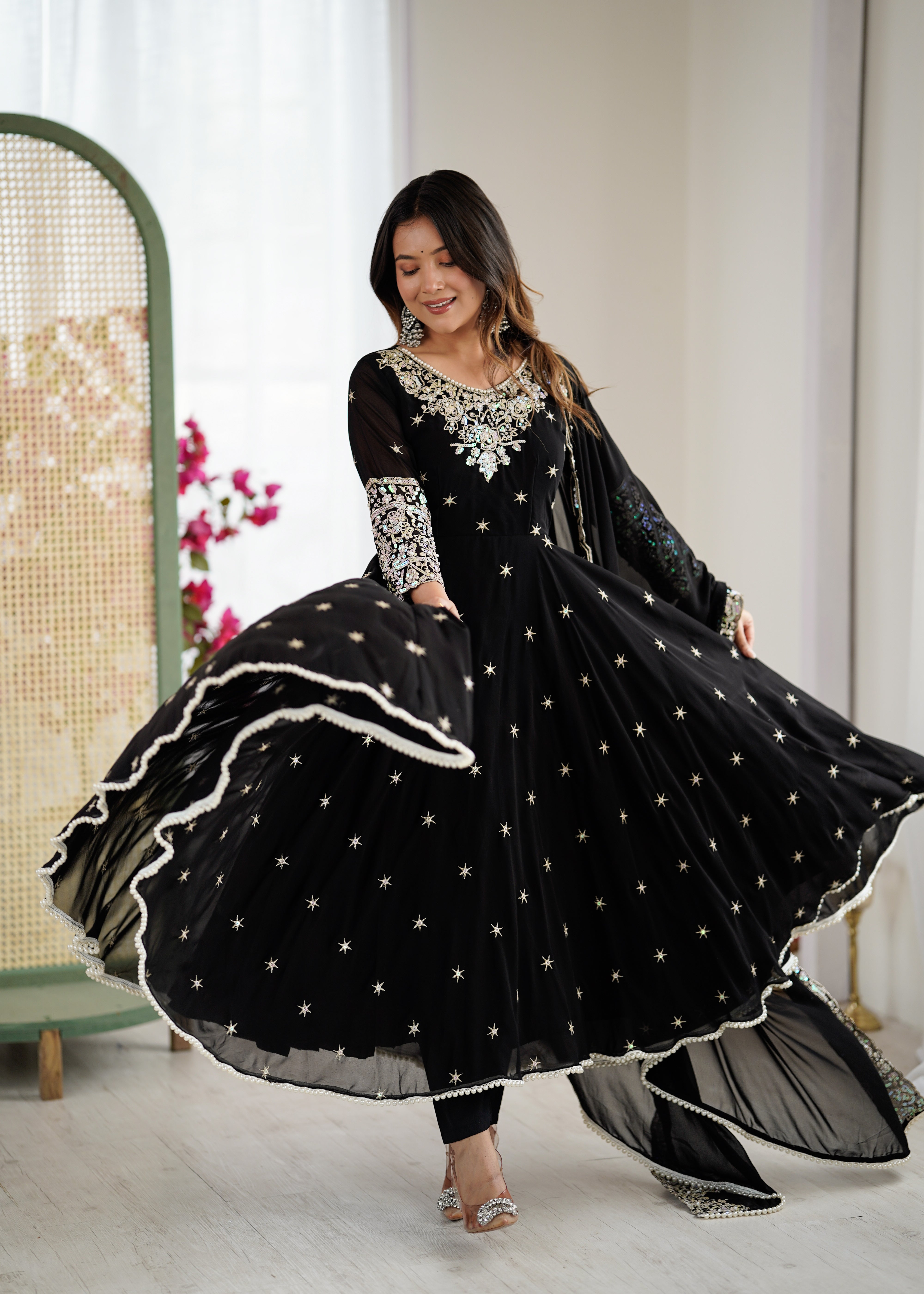 Womenline Black Embroidered Anarkali Suit Set with Sequined Dupatta