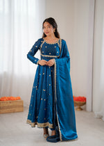 Womenline Elegant Teal Blue Embroidered Anarkali Suit Set with Dupatta