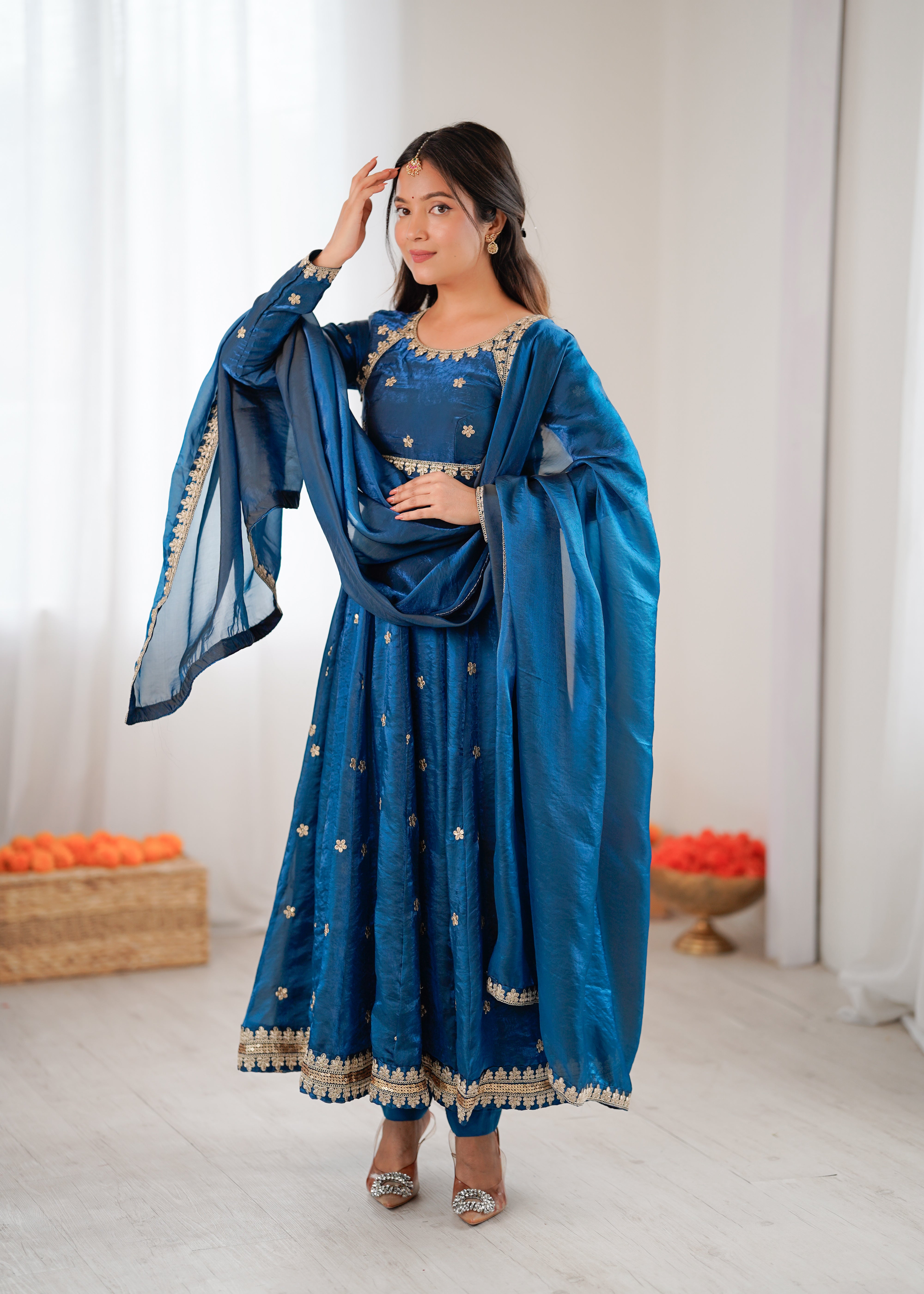 Womenline Elegant Teal Blue Embroidered Anarkali Suit Set with Dupatta