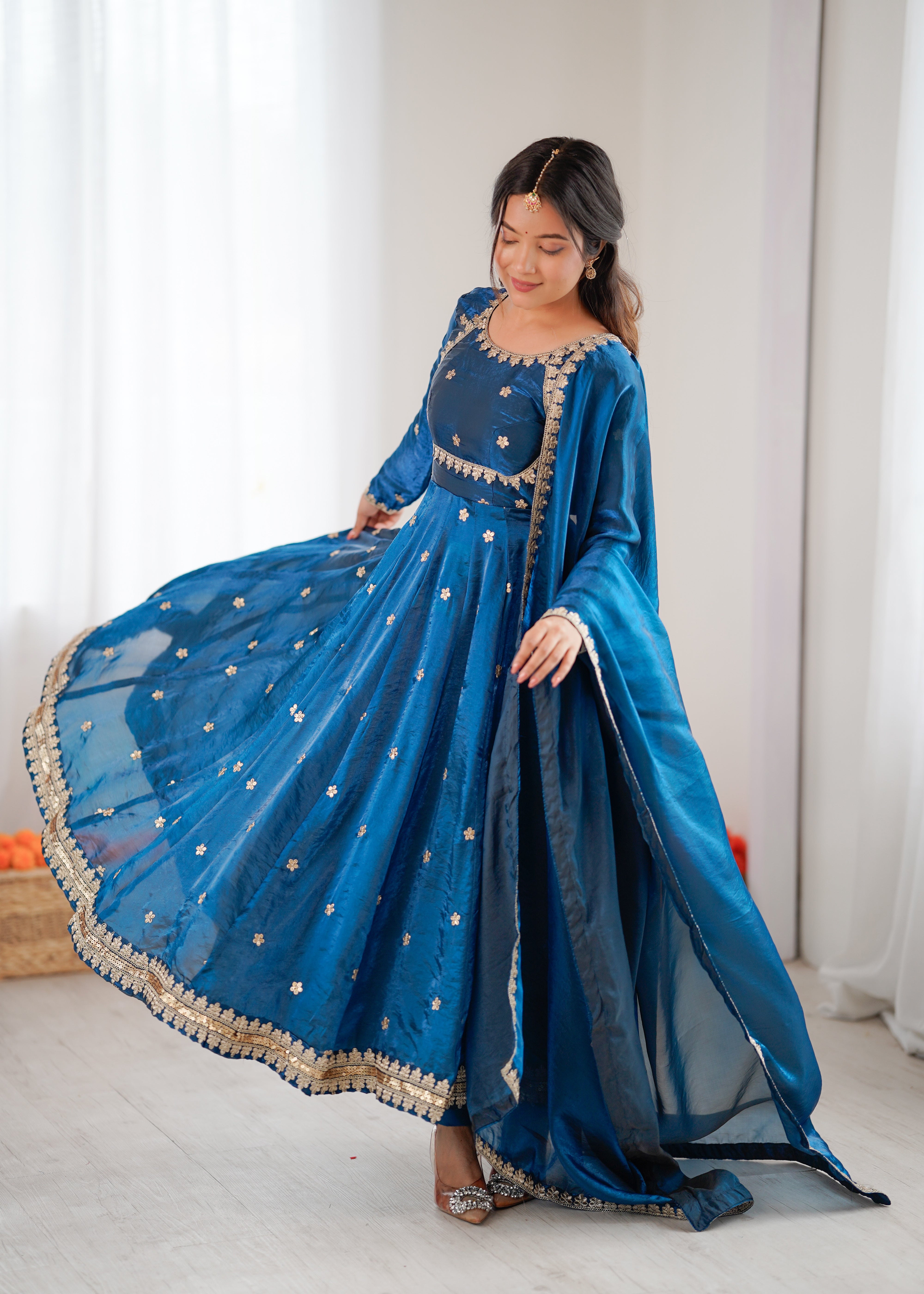 Womenline Elegant Teal Blue Embroidered Anarkali Suit Set with Dupatta