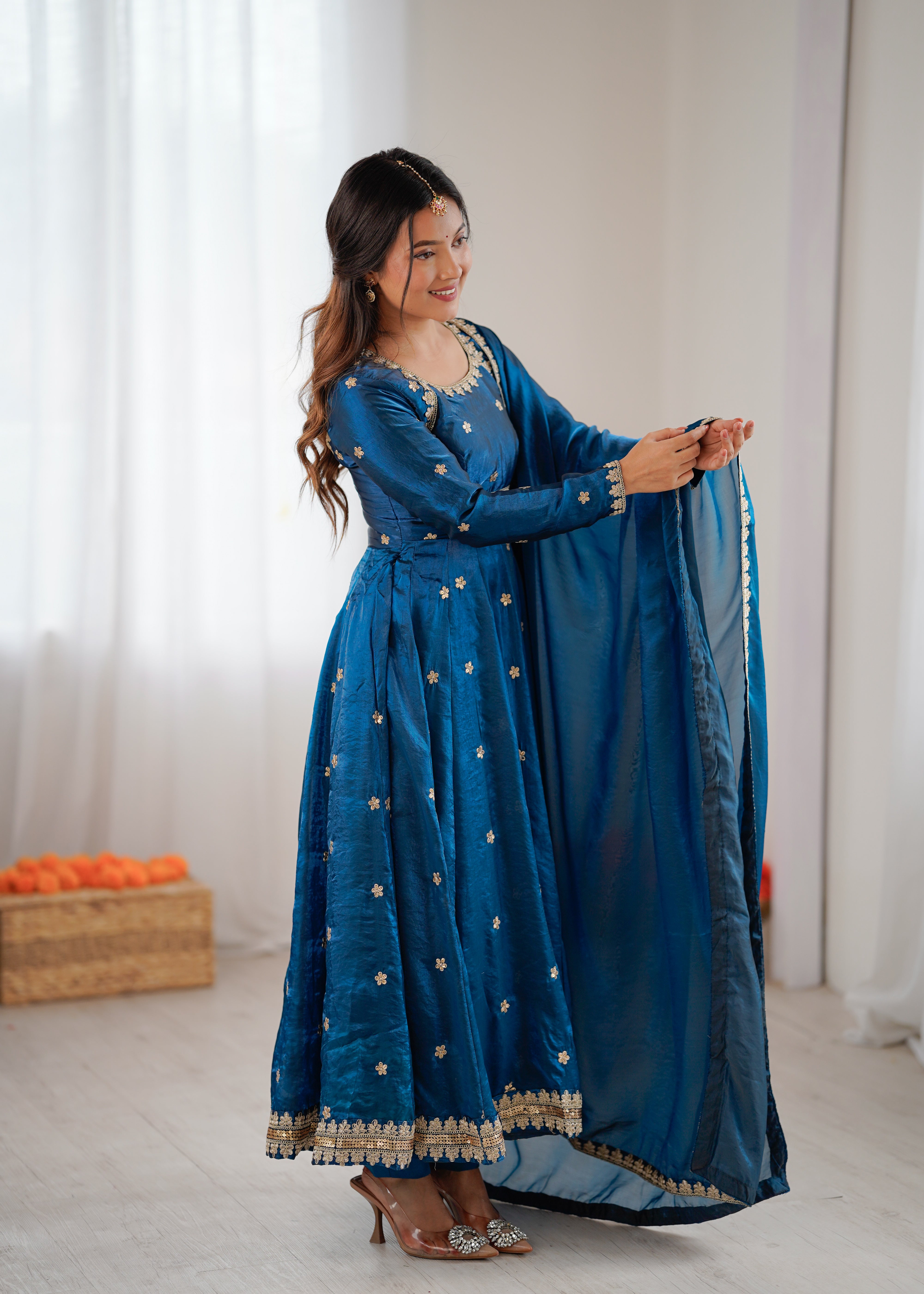Womenline Elegant Teal Blue Embroidered Anarkali Suit Set with Dupatta