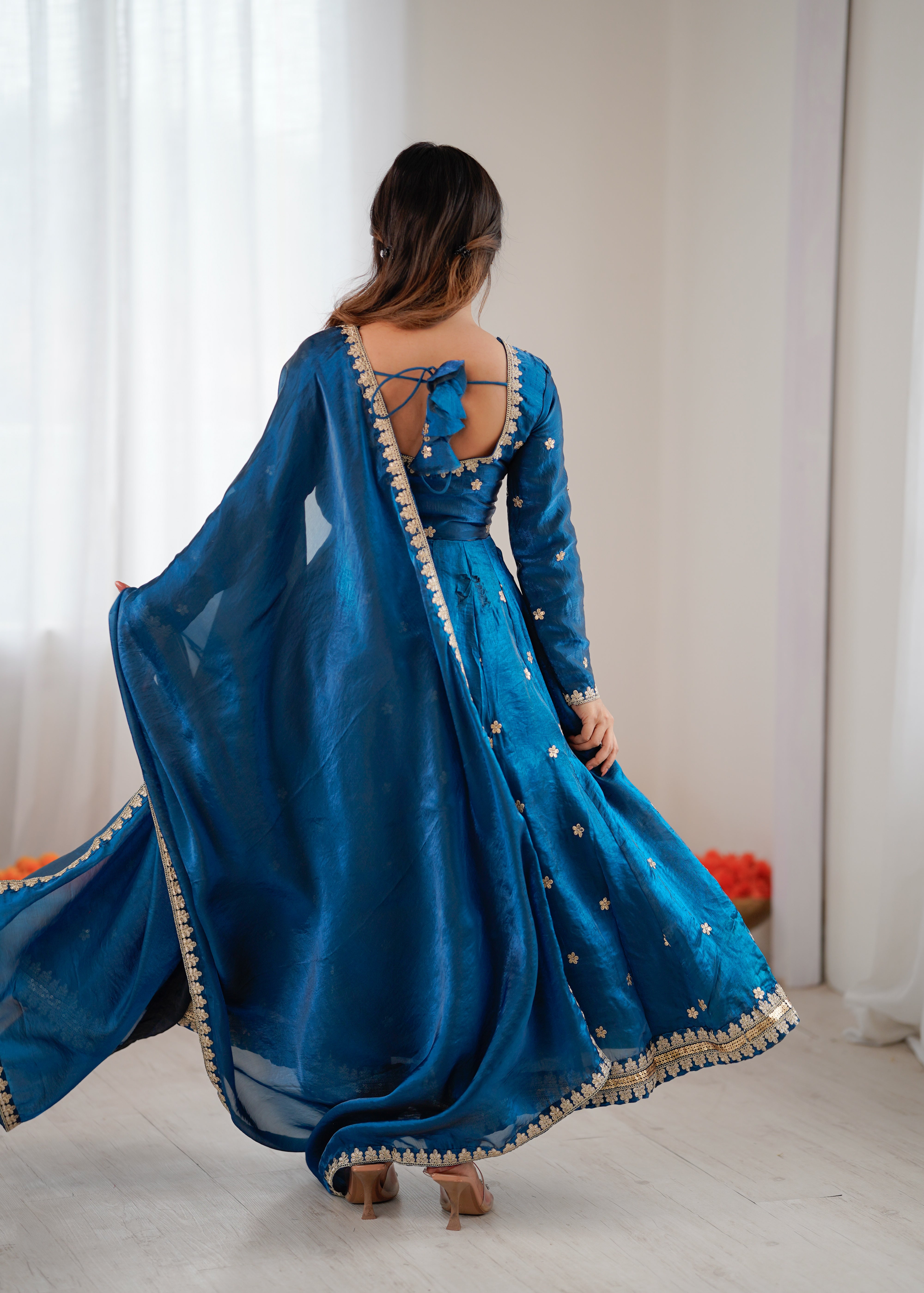 Womenline Elegant Teal Blue Embroidered Anarkali Suit Set with Dupatta
