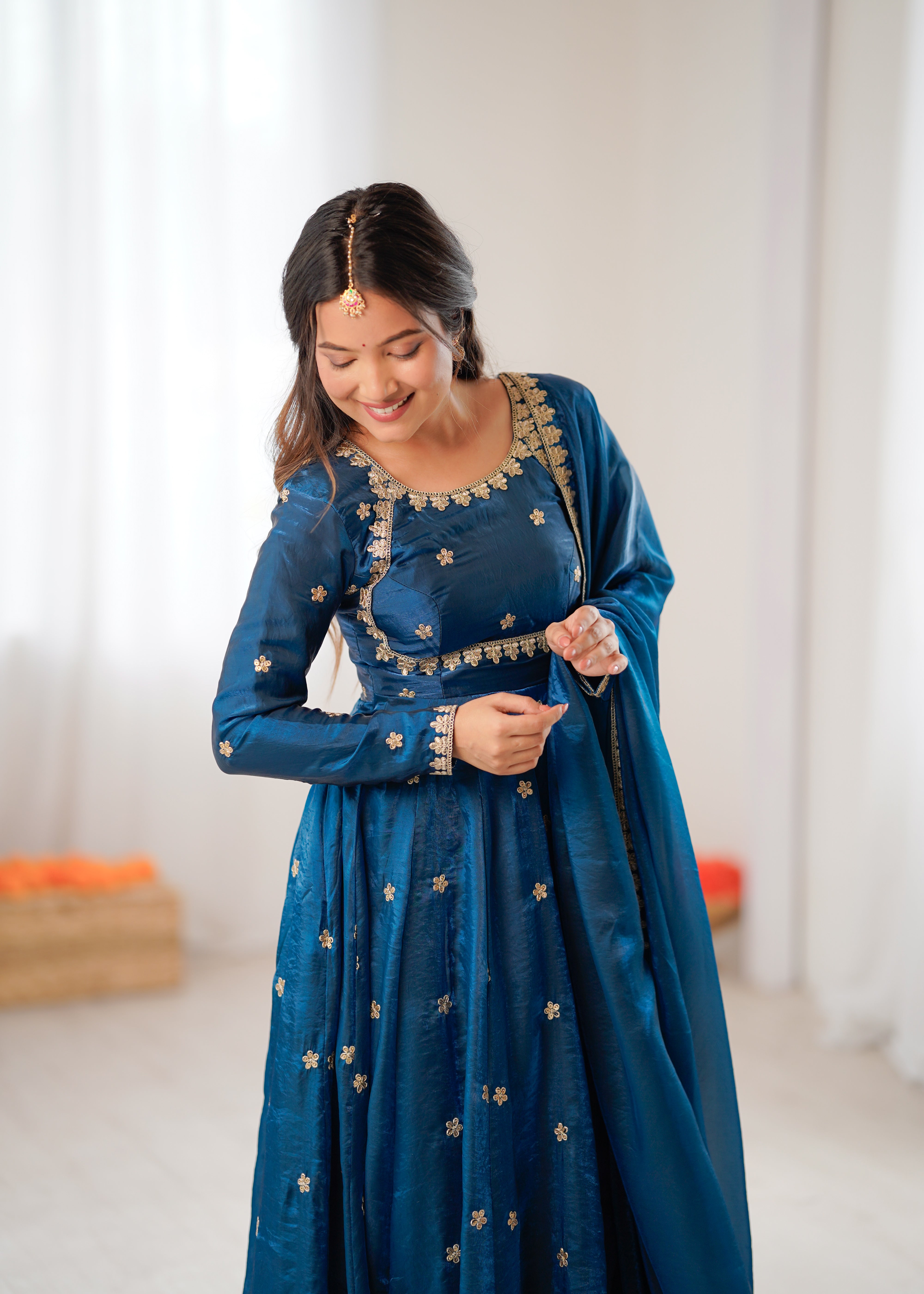 Womenline Elegant Teal Blue Embroidered Anarkali Suit Set with Dupatta