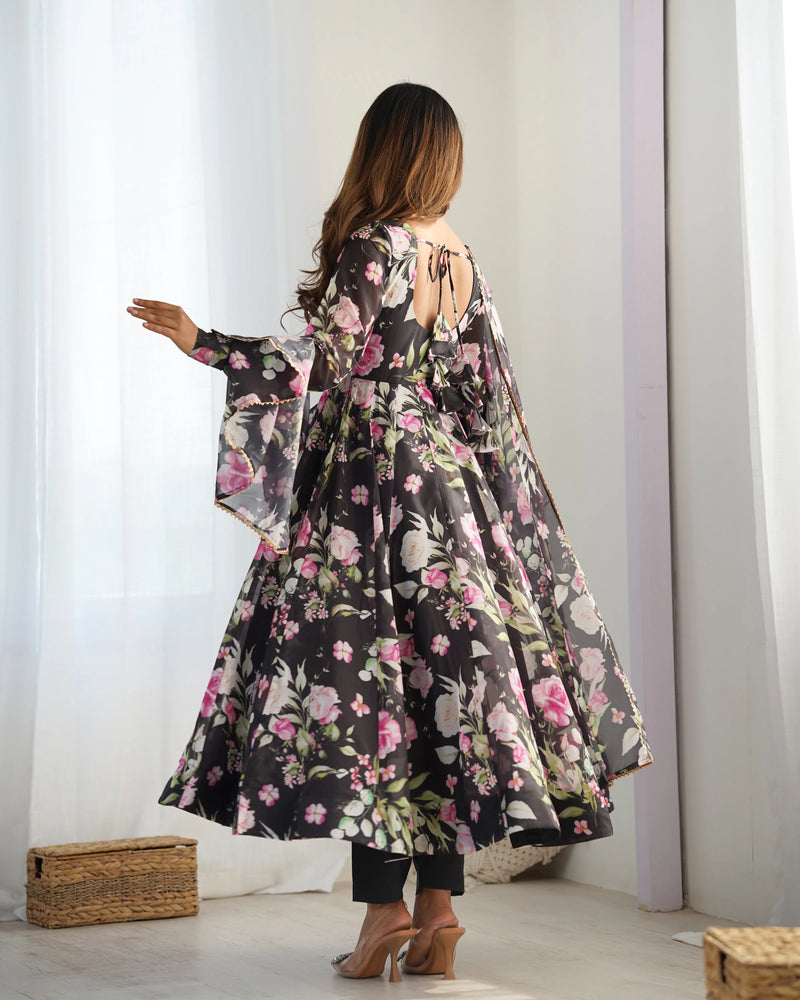 Womenline Black Color Pure Soft Organza Three Piece Anarkali Suit