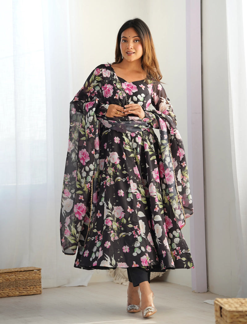 Womenline Black Color Pure Soft Organza Three Piece Anarkali Suit