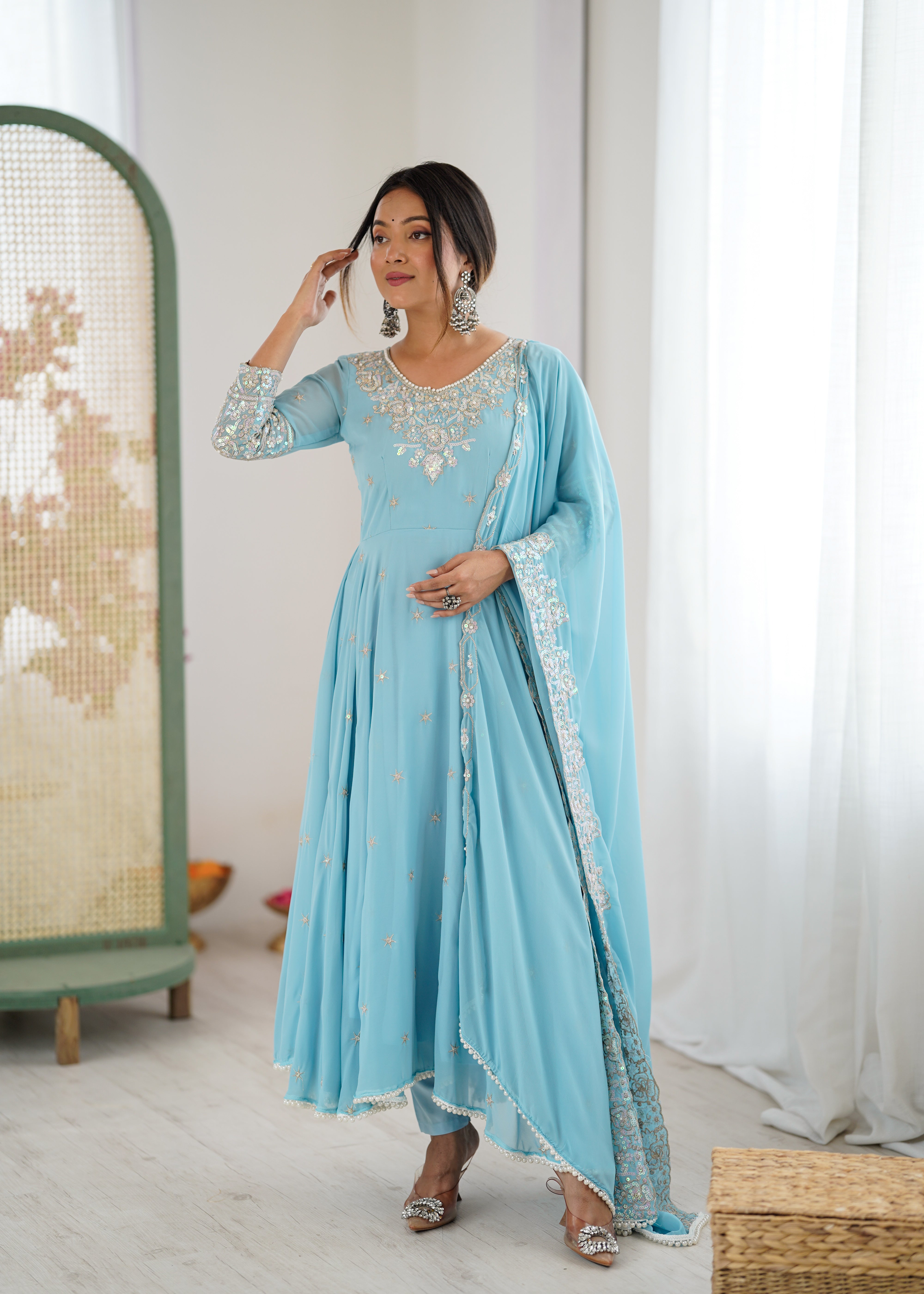 Womenline Sky Blue Embroidered Anarkali Suit Set with Sequined Dupatta