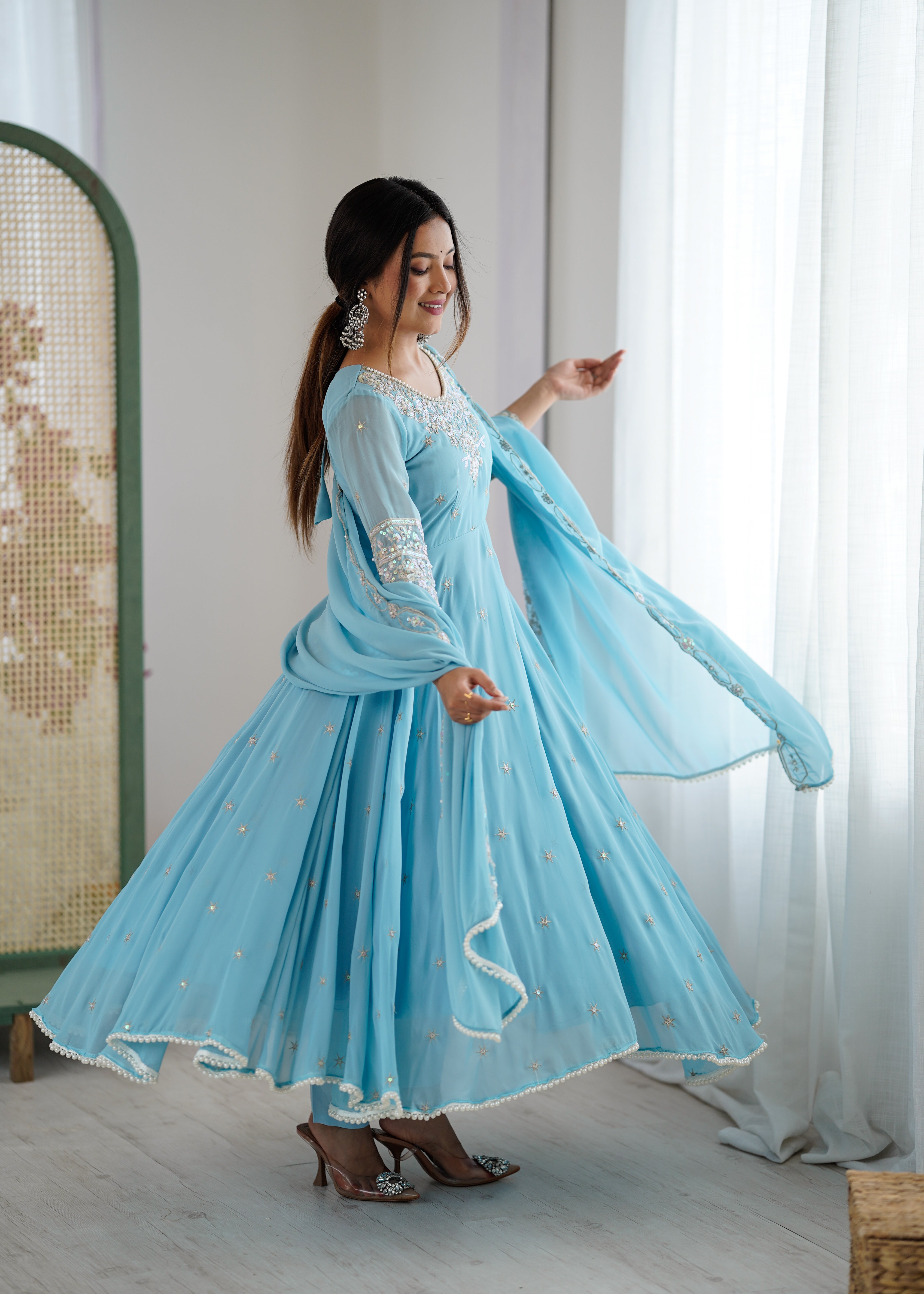 Womenline Sky Blue Embroidered Anarkali Suit Set with Sequined Dupatta