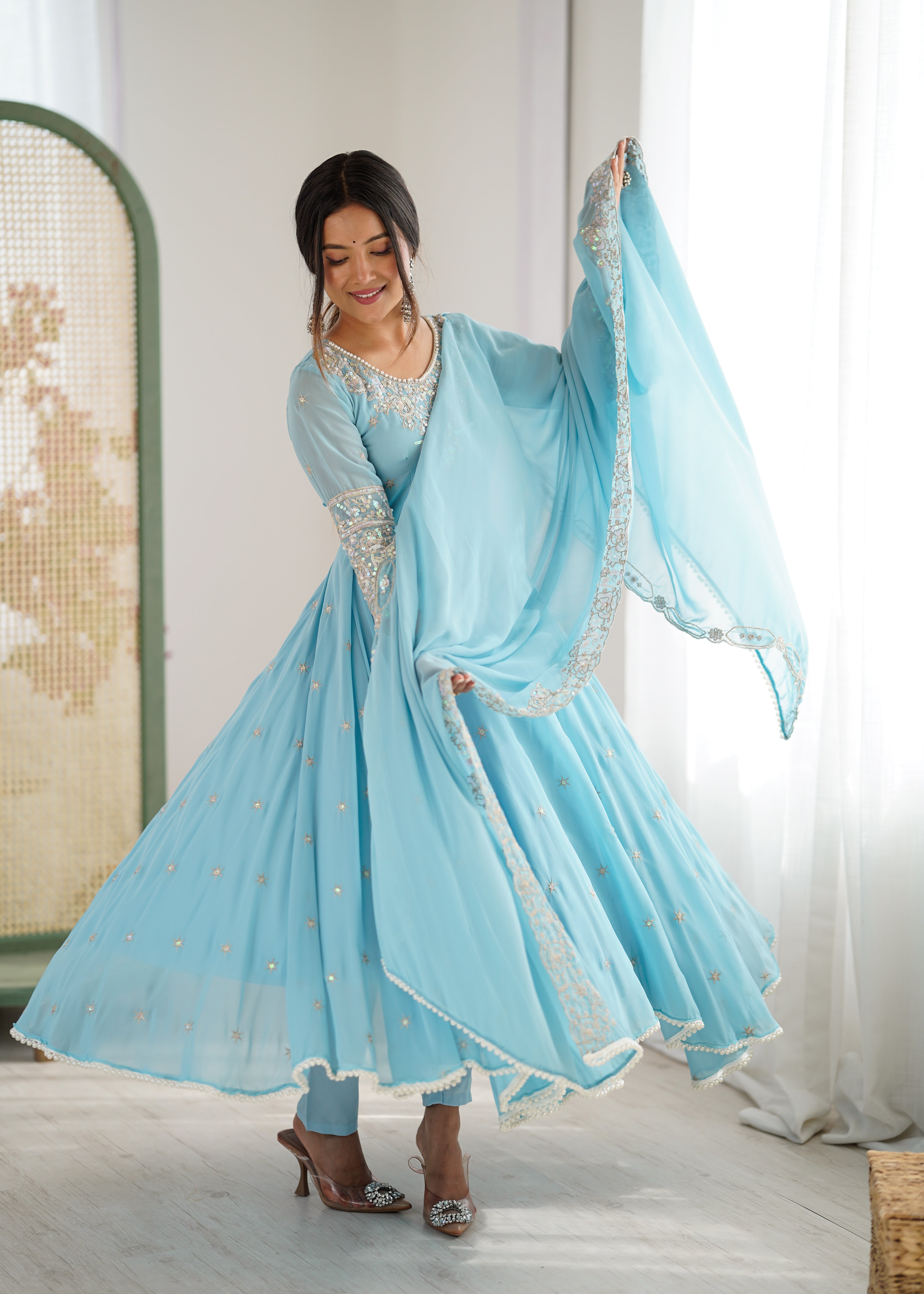 Womenline Sky Blue Embroidered Anarkali Suit Set with Sequined Dupatta
