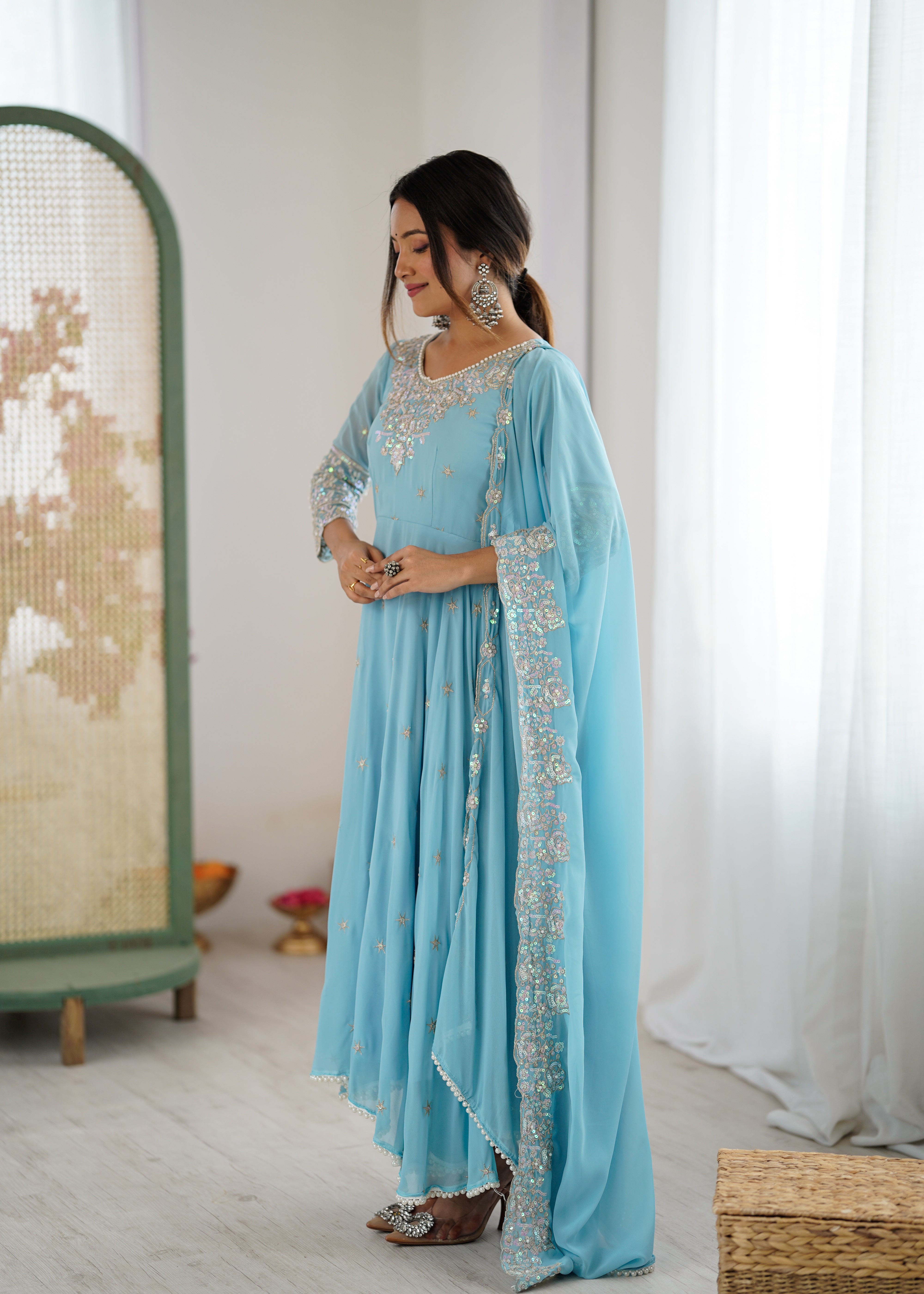 Womenline Sky Blue Embroidered Anarkali Suit Set with Sequined Dupatta