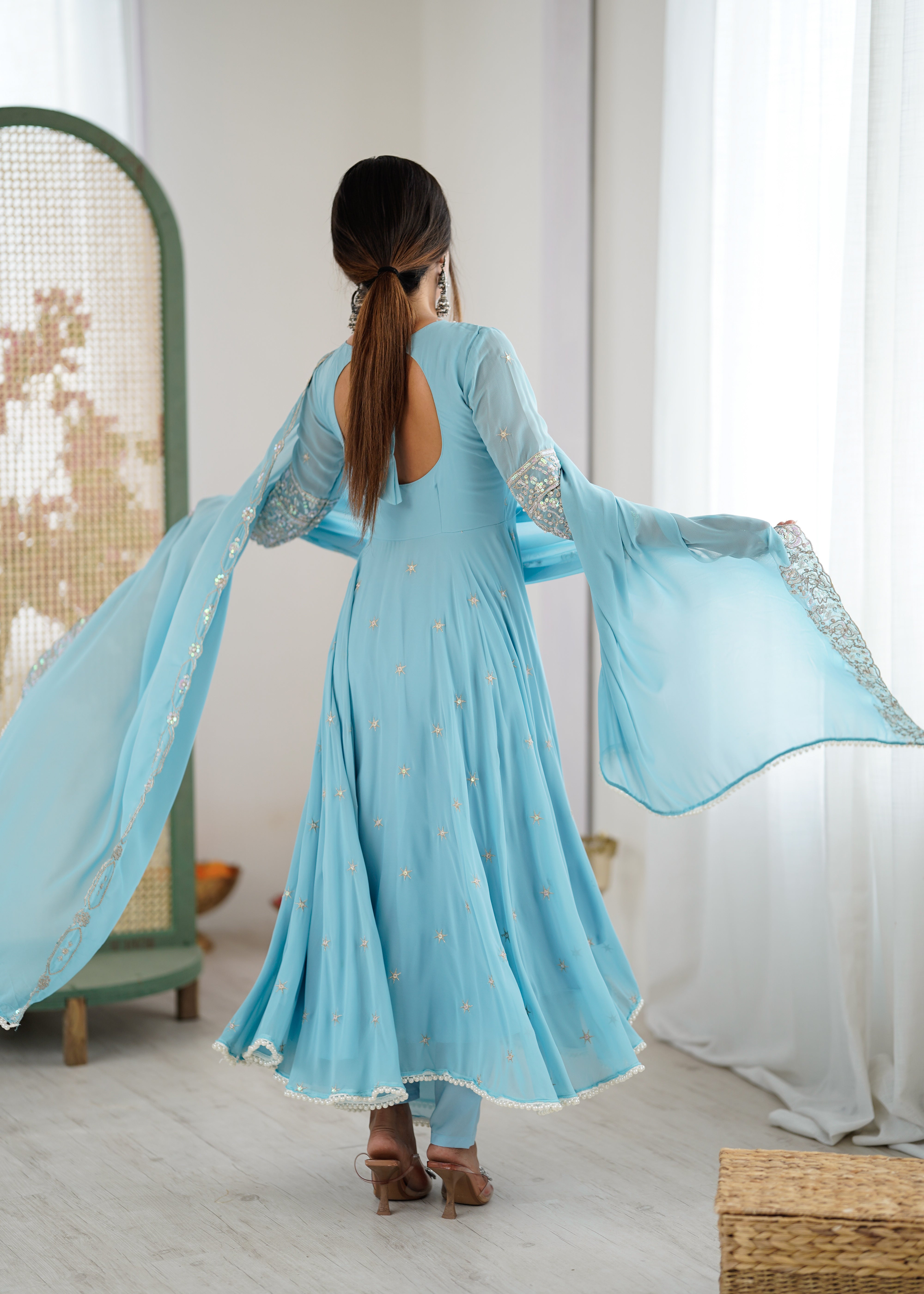 Womenline Sky Blue Embroidered Anarkali Suit Set with Sequined Dupatta