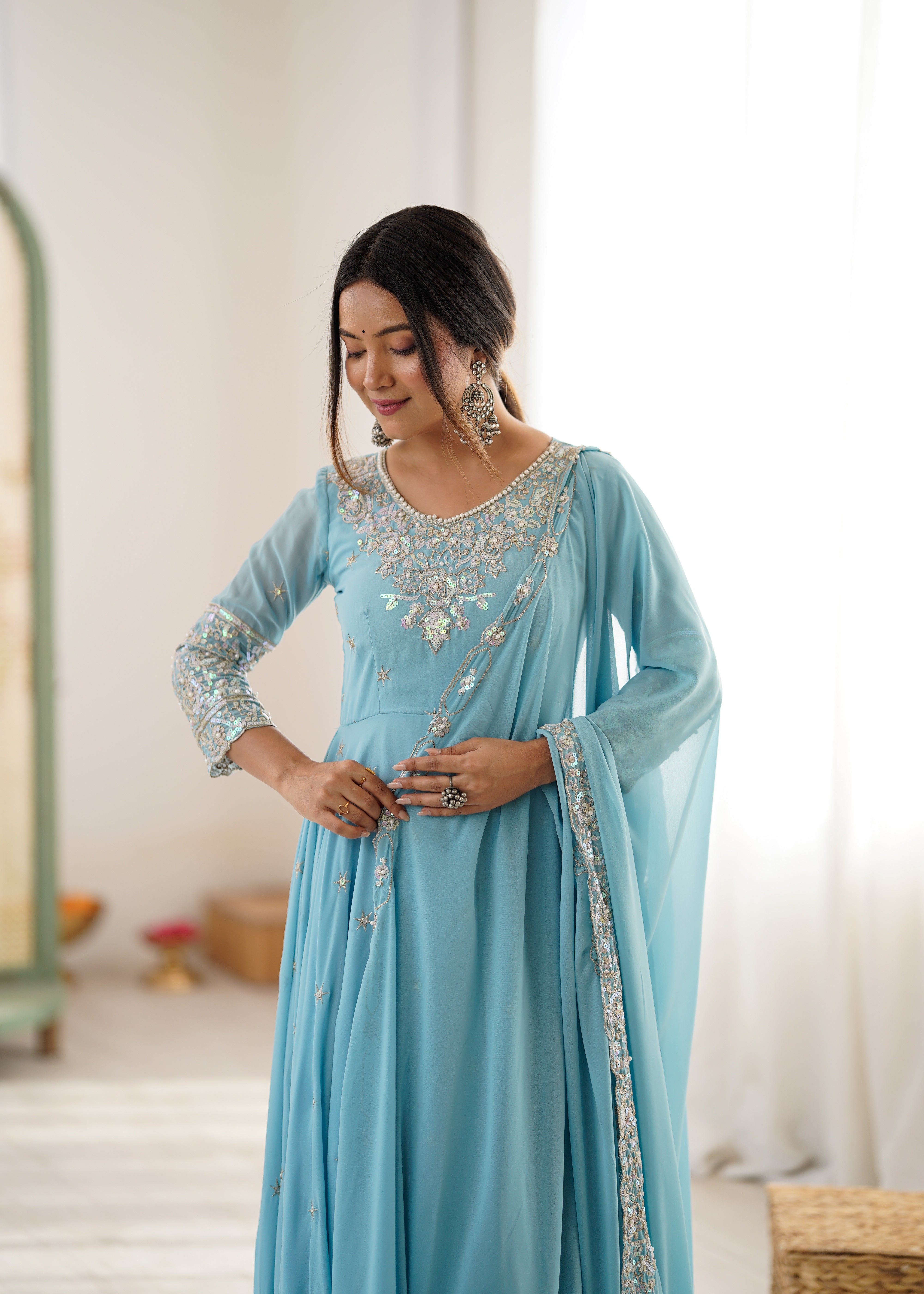 Womenline Sky Blue Embroidered Anarkali Suit Set with Sequined Dupatta