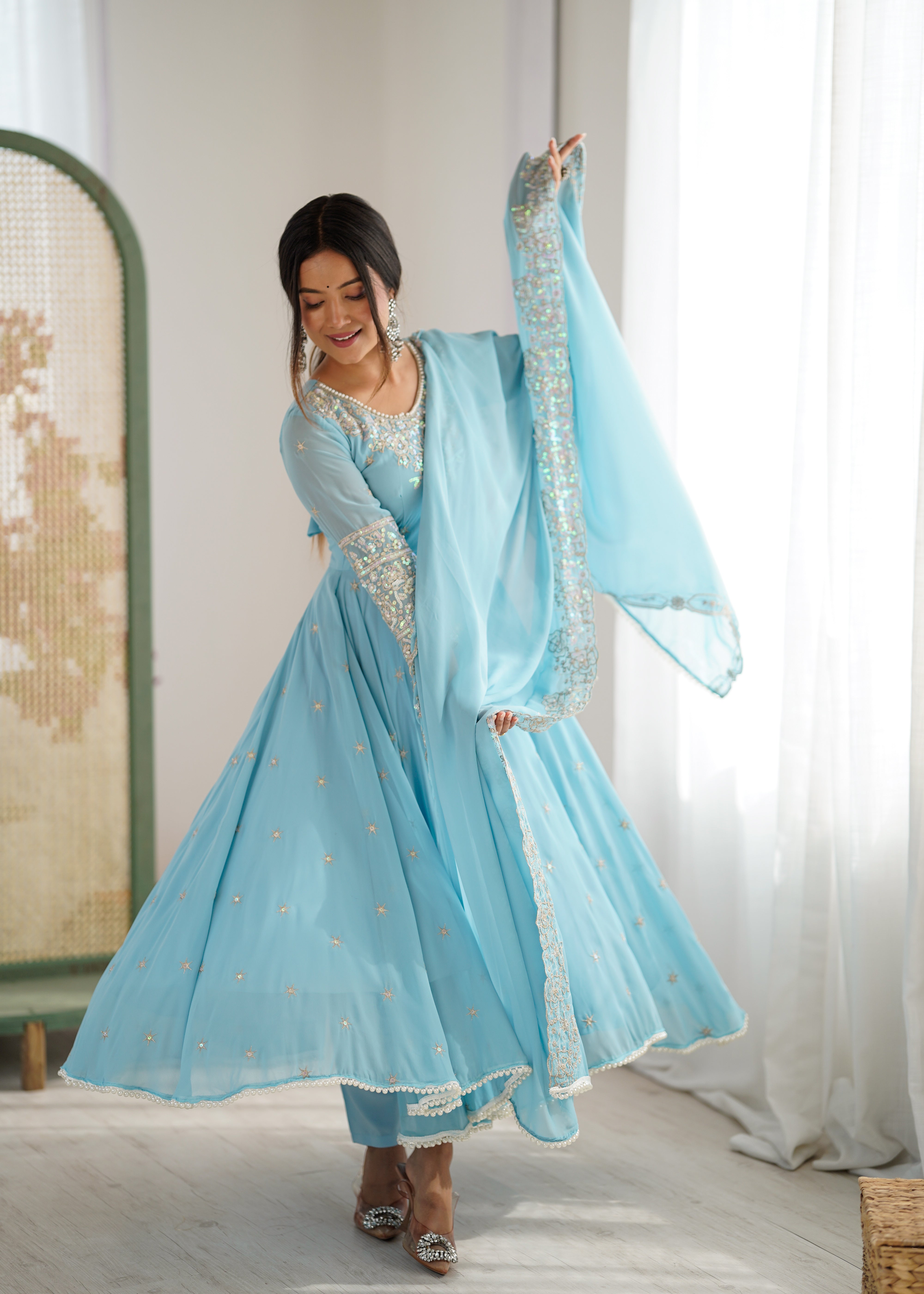 Womenline Sky Blue Embroidered Anarkali Suit Set with Sequined Dupatta