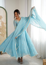 Womenline Sky Blue Embroidered Anarkali Suit Set with Sequined Dupatta