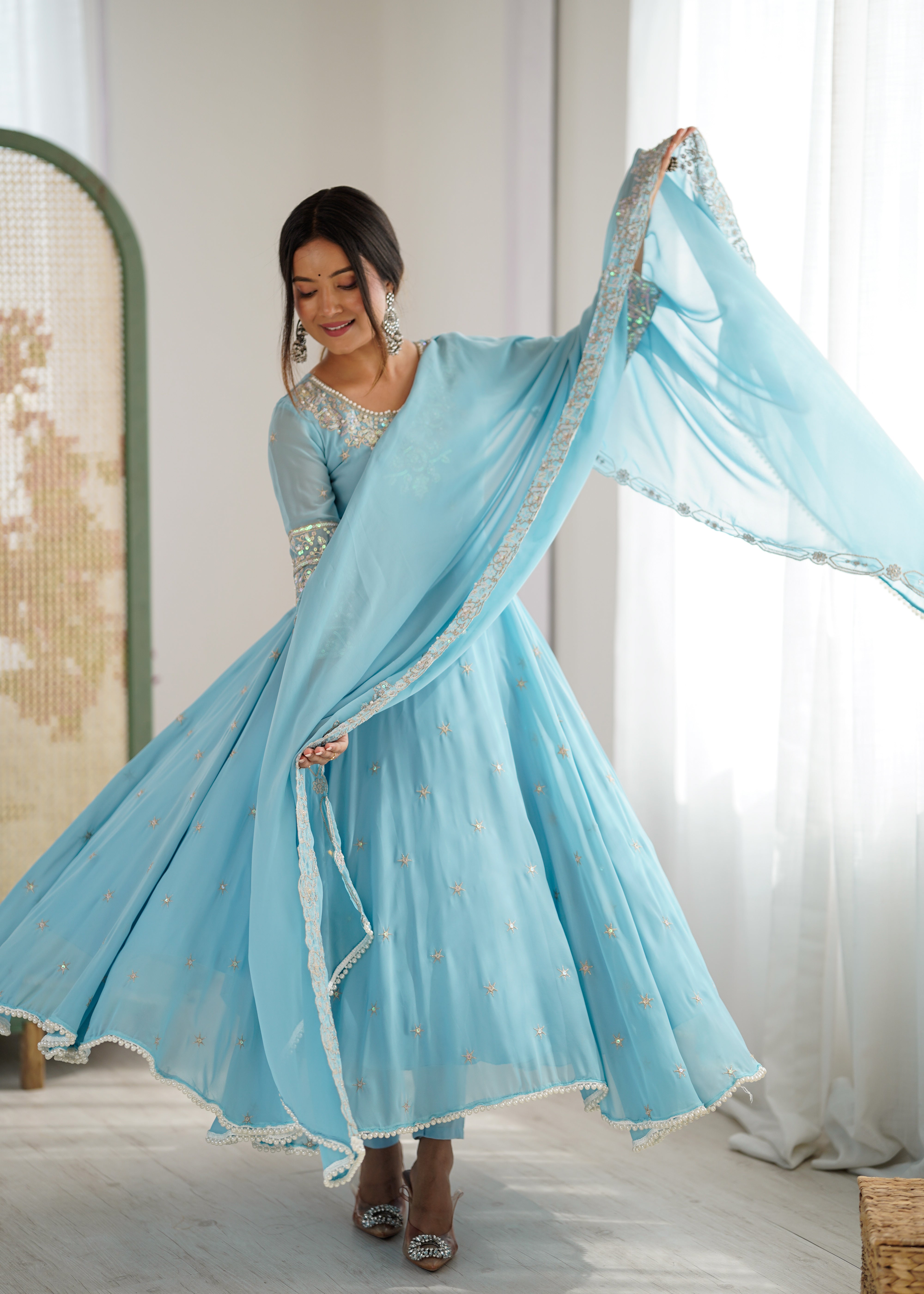 Womenline Sky Blue Embroidered Anarkali Suit Set with Sequined Dupatta