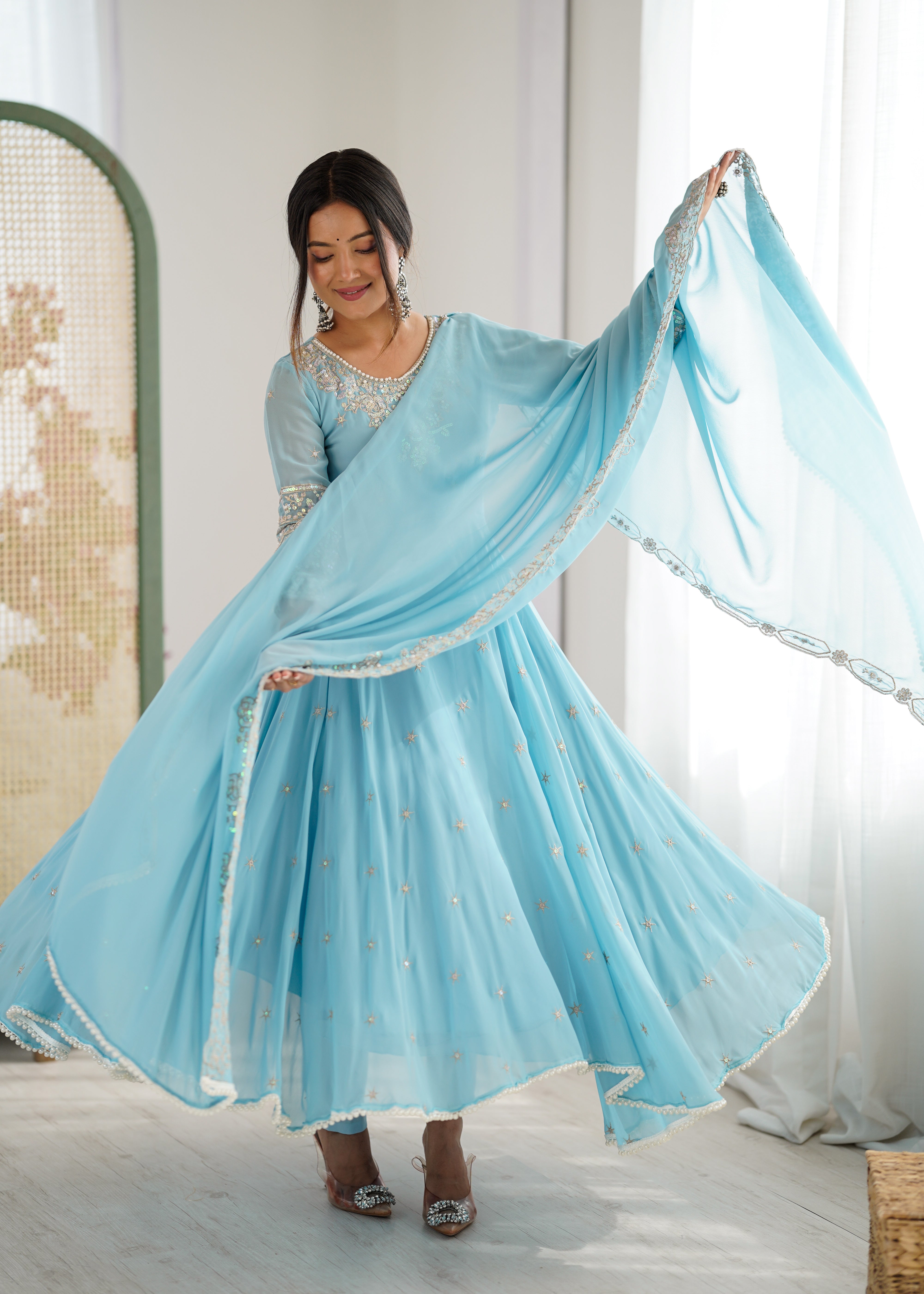 Womenline Sky Blue Embroidered Anarkali Suit Set with Sequined Dupatta