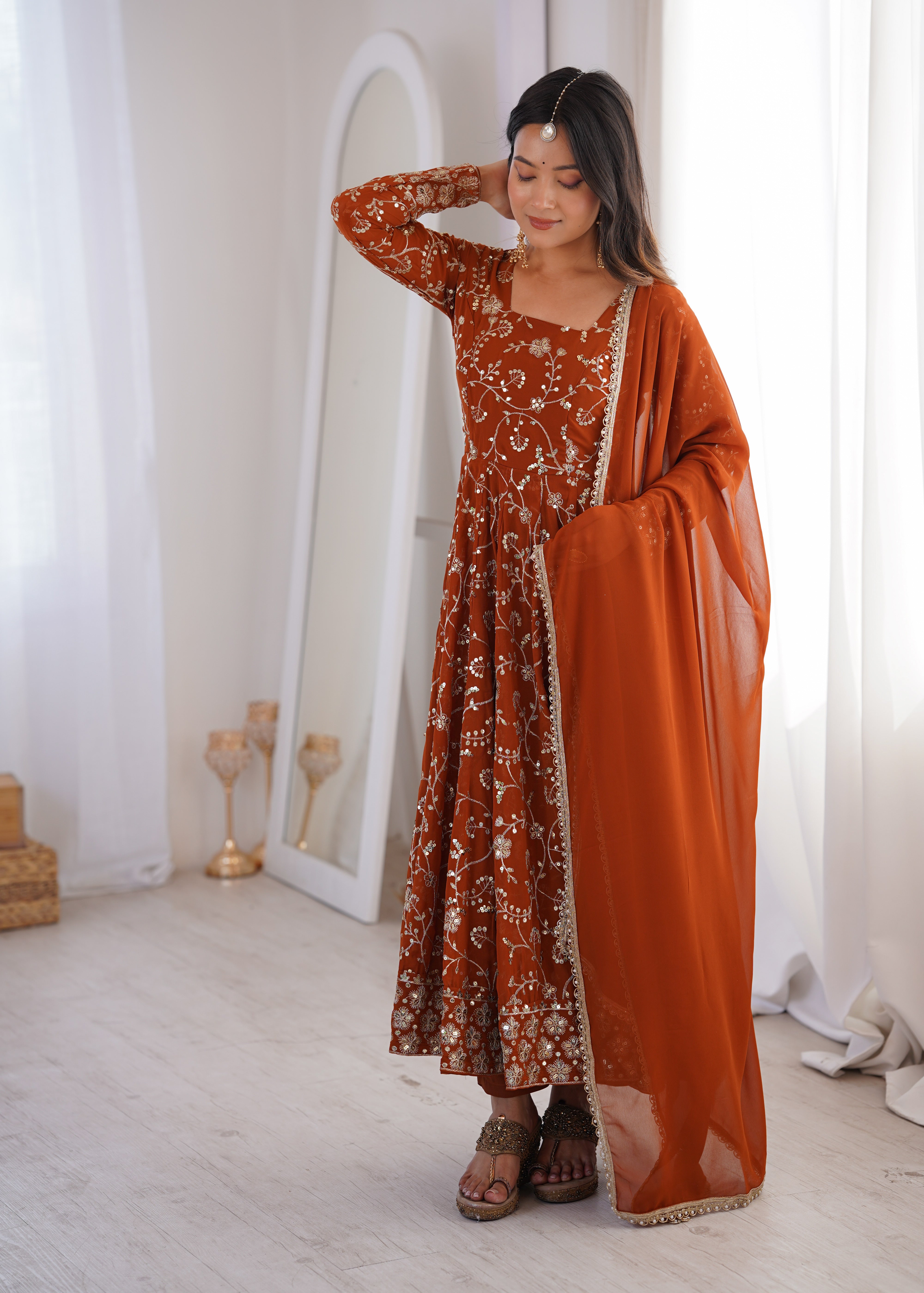 Womenline Rust Orange Embroidered Anarkali Gown with Dupatta