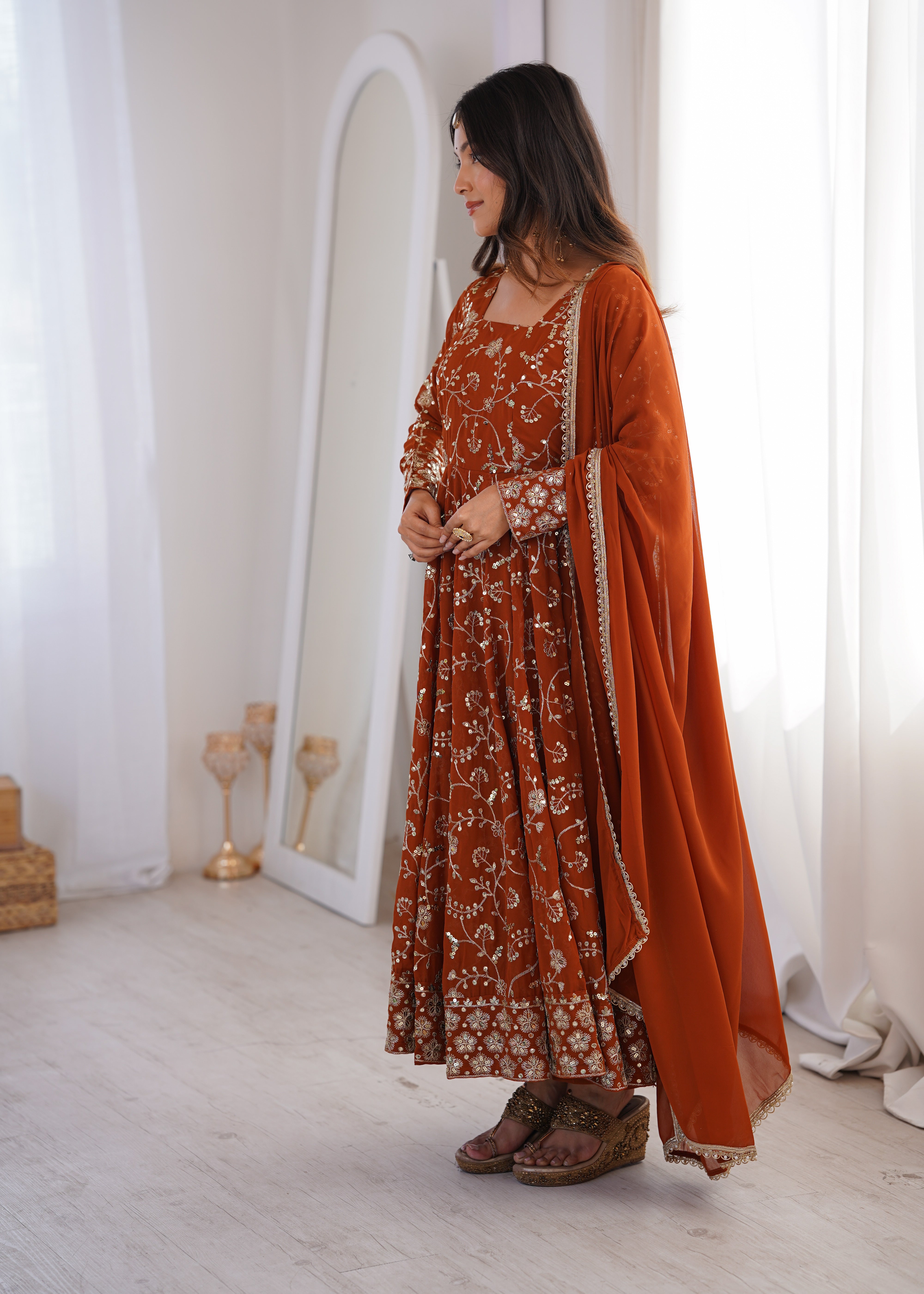 Womenline Rust Orange Embroidered Anarkali Gown with Dupatta